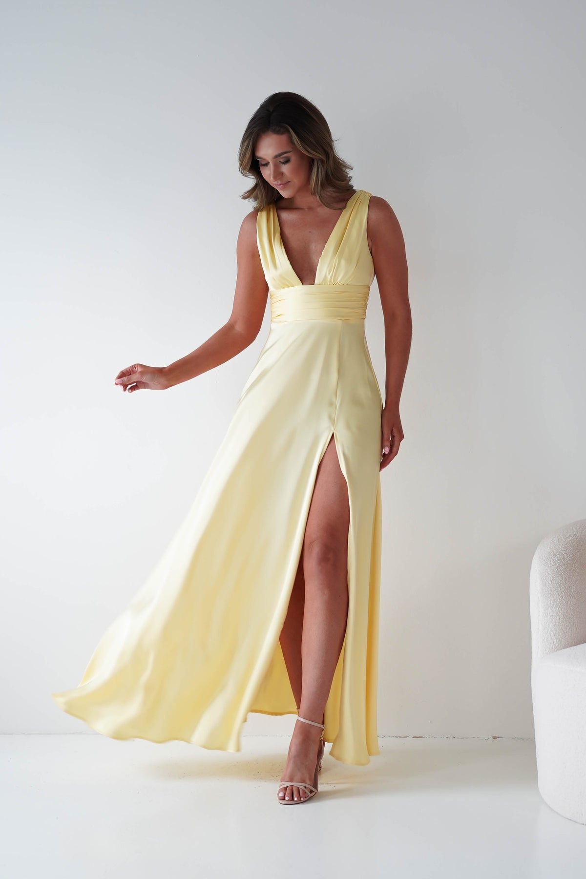 Saffron V-Neck Soft Satin Maxi Dress | Yellow-Oh Hello Clothing