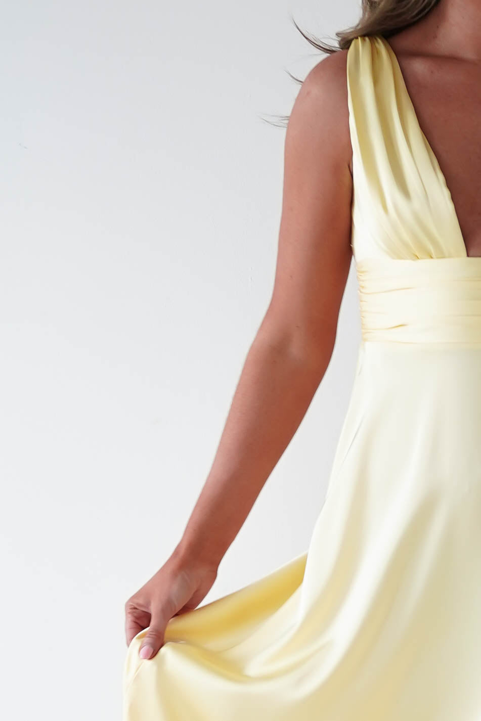 Saffron V-Neck Soft Satin Maxi Dress | Yellow-Oh Hello Clothing