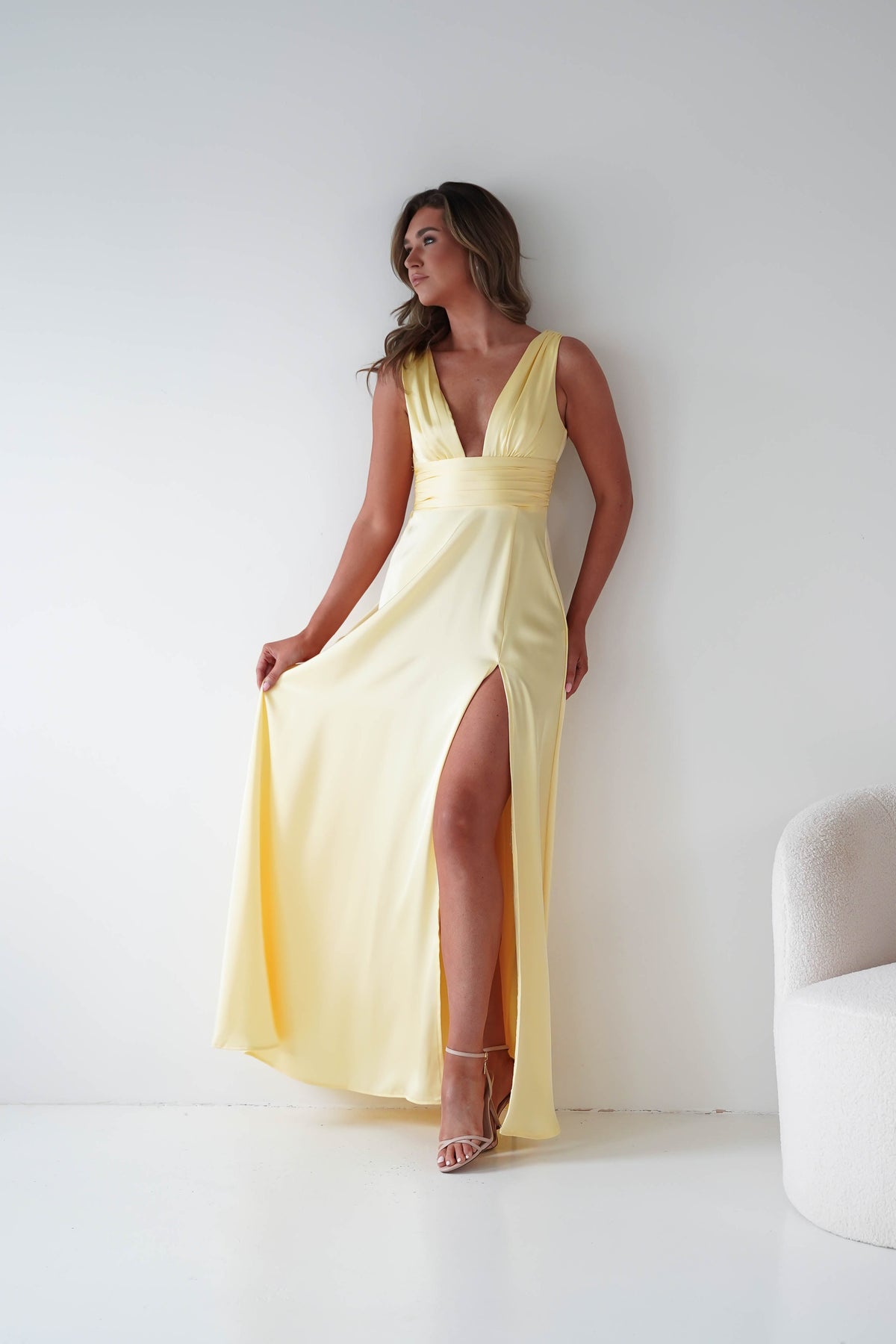 Saffron V-Neck Soft Satin Maxi Dress | Yellow-Oh Hello Clothing