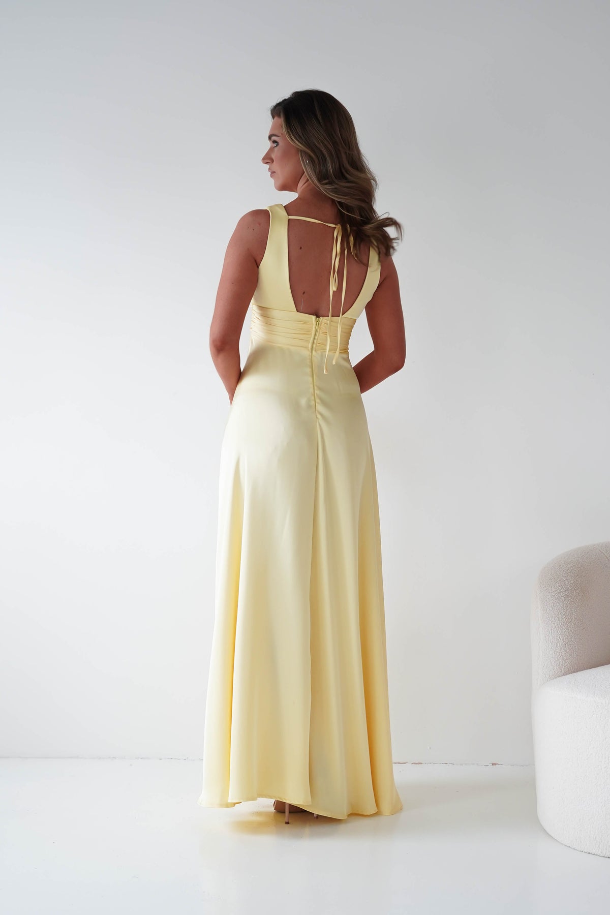 Saffron V-Neck Soft Satin Maxi Dress | Yellow-Oh Hello Clothing