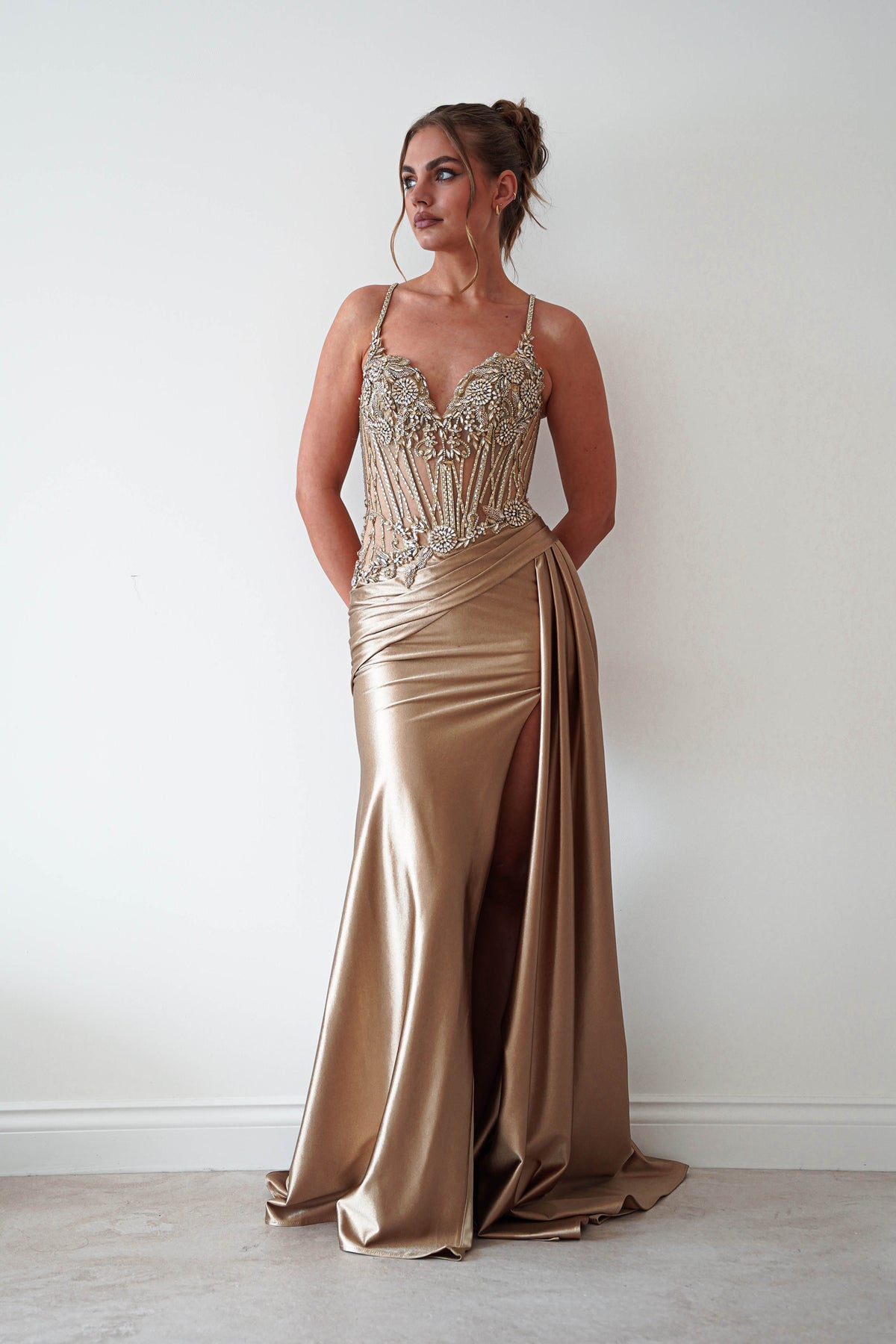 Sahara Embellished Corset Satin Gown | Dark Gold-Oh Hello Clothing