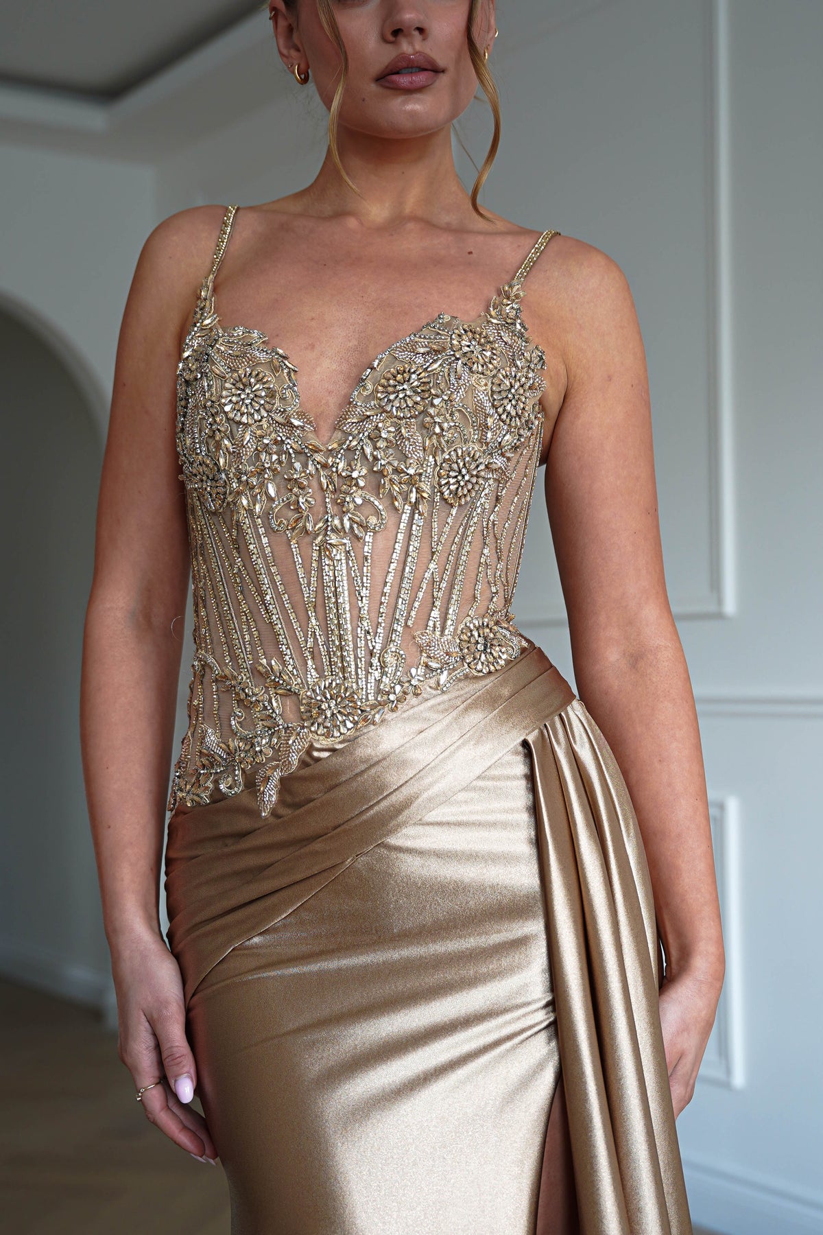 Sahara Embellished Corset Satin Gown | Dark Gold-Oh Hello Clothing