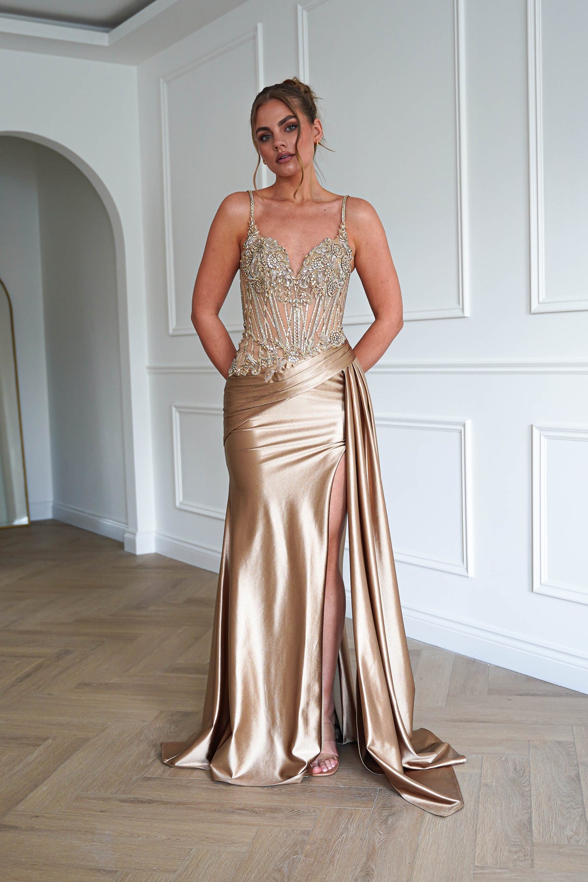 Sahara Embellished Corset Satin Gown | Dark Gold-Oh Hello Clothing