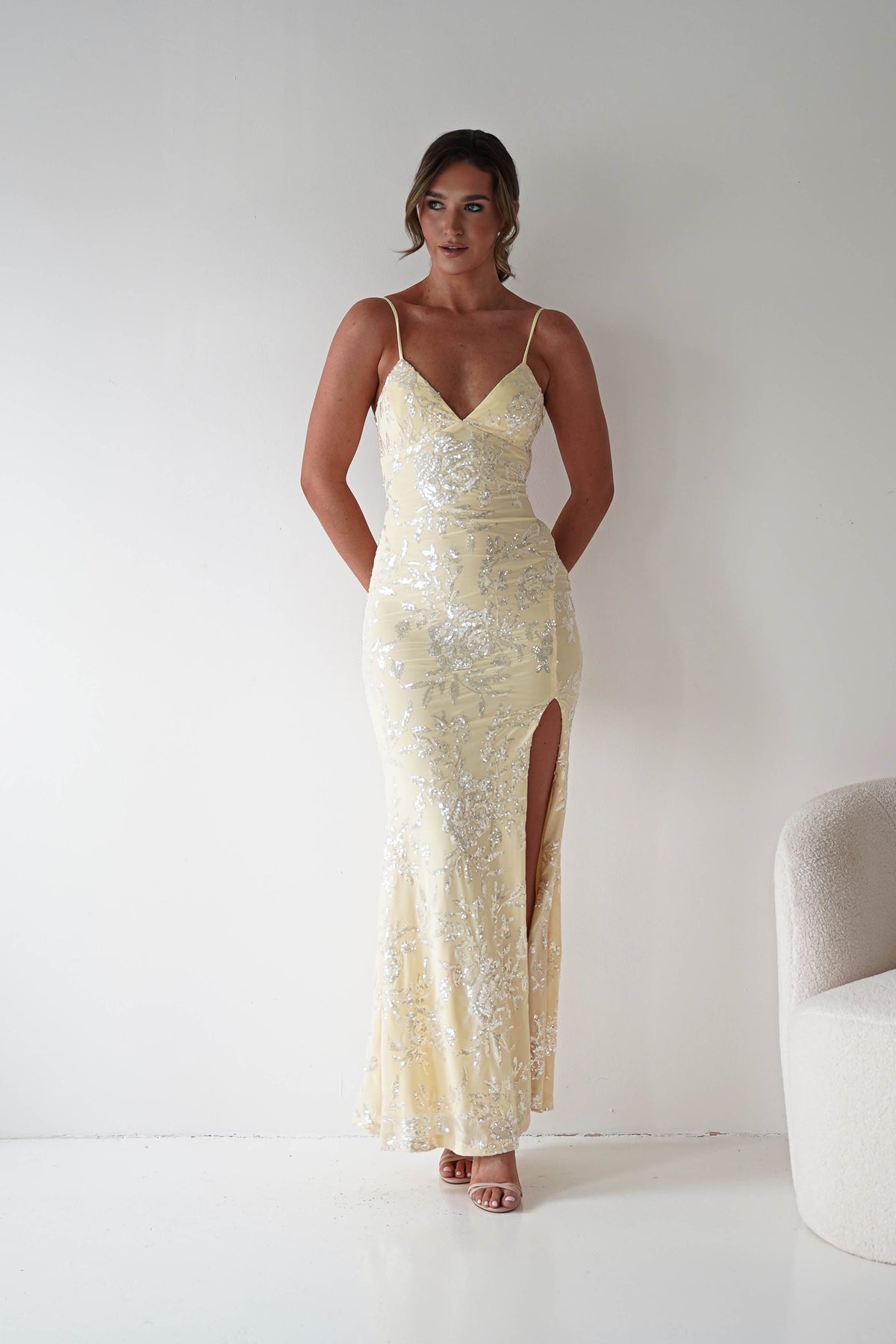 Santorini Butterfly Detail Embellished Gown | Yellow-Oh Hello Clothing