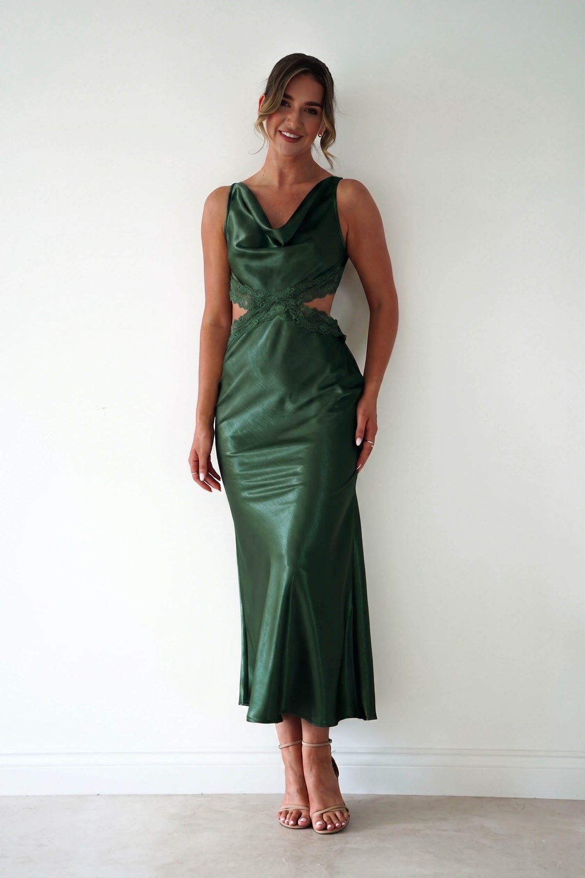 Saoirse Satin Lace Cut Out Maxi Dress | Dark Green-Oh Hello Clothing
