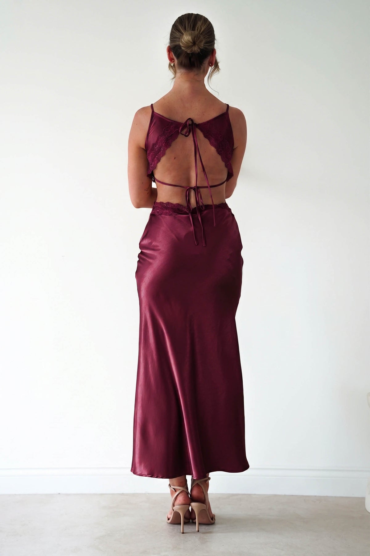 Saoirse Satin Lace Cut Out Maxi Dress | Wine-Oh Hello Clothing