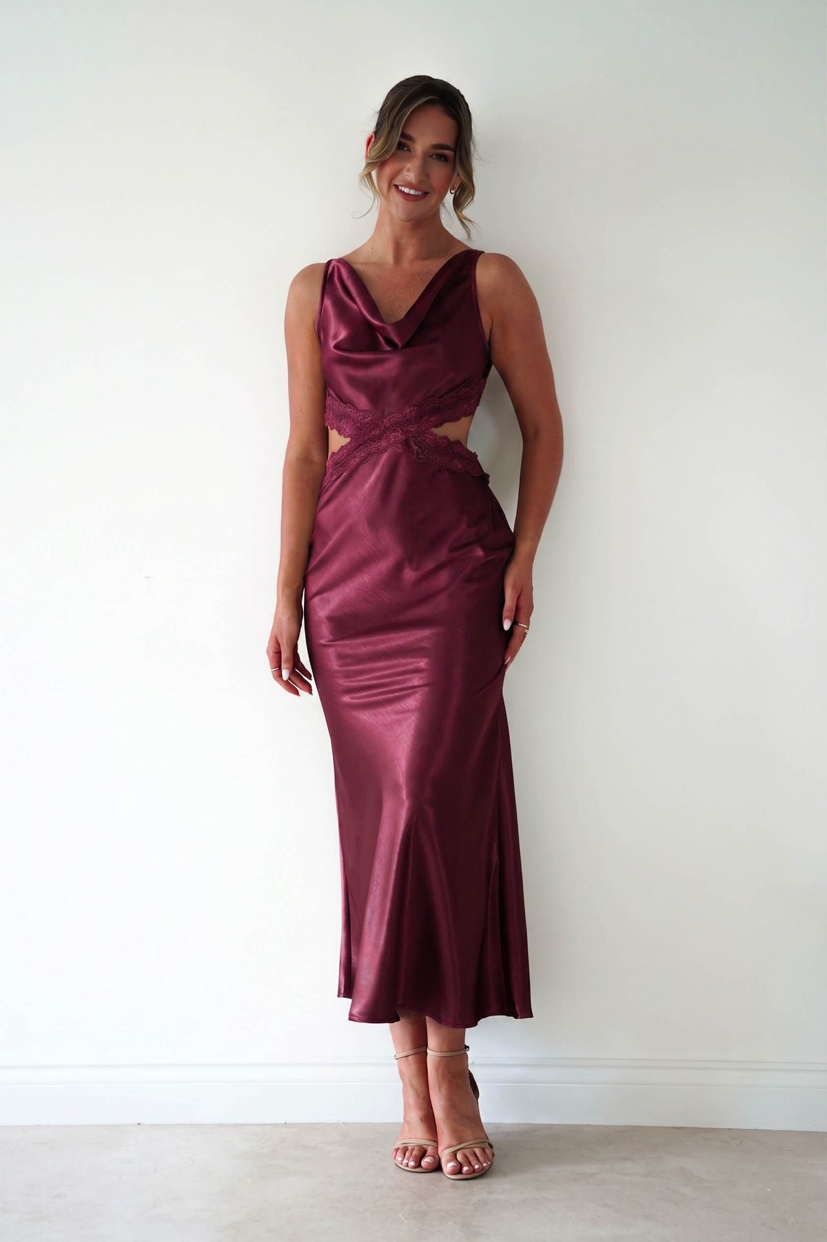 Saoirse Satin Lace Cut Out Maxi Dress | Wine-Oh Hello Clothing