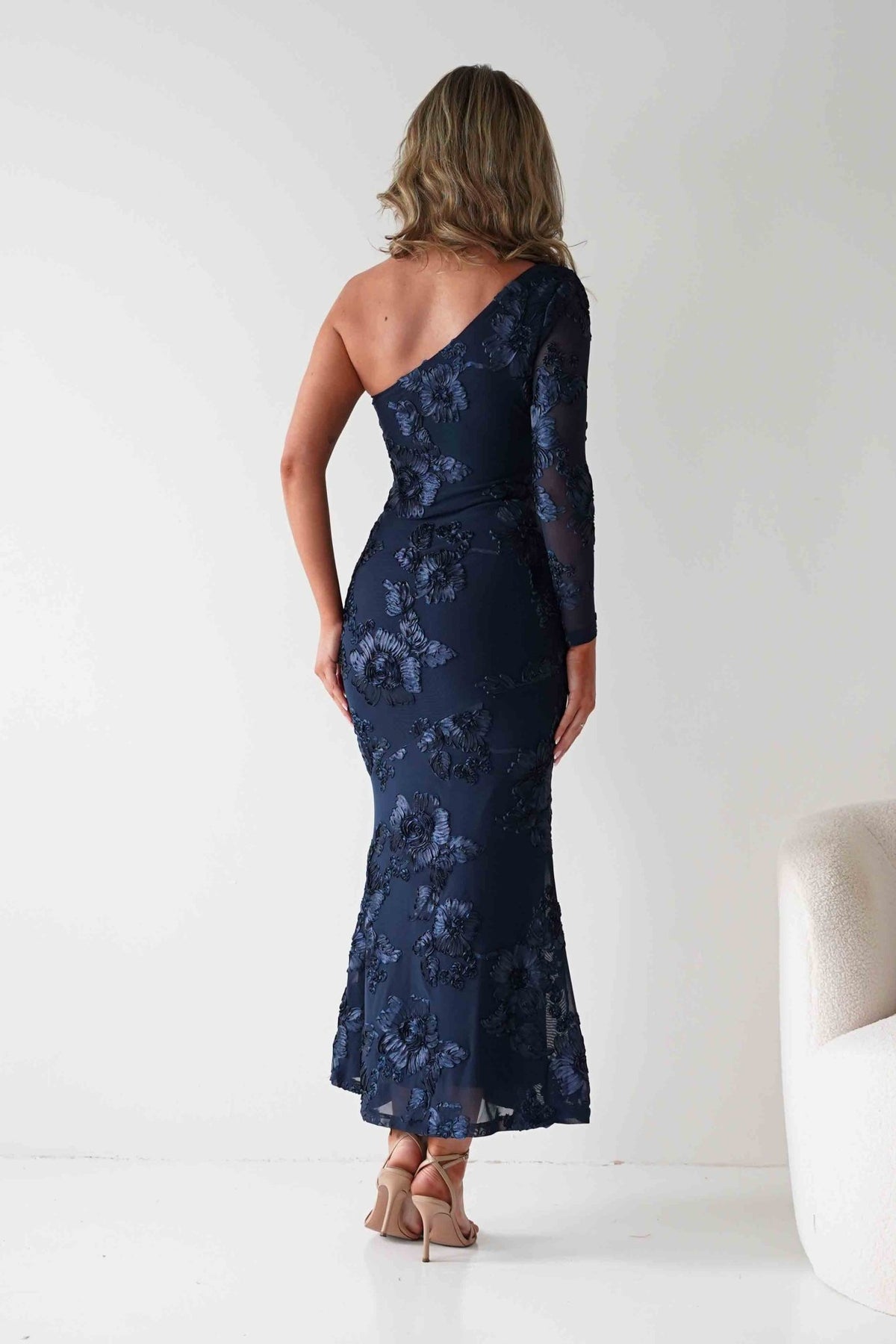Saphira One Sleeve Maxi Dress | Navy Textured-Oh Hello Clothing