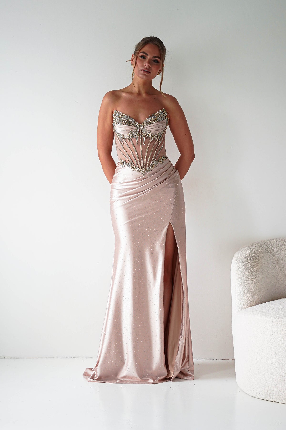 Sarena Strapless Embellished Prom Dress | Gold-Oh Hello Clothing