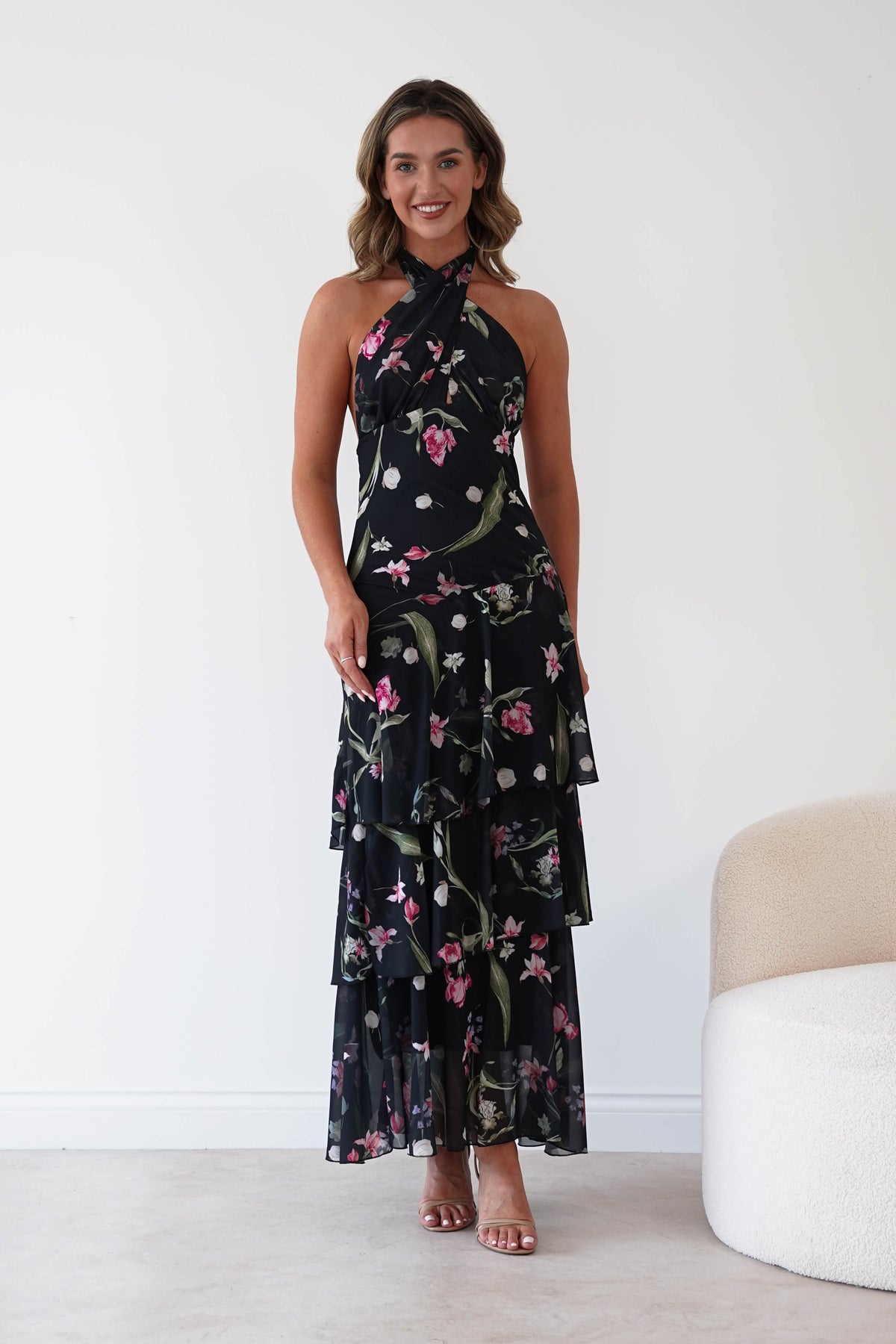 Seren Floral Print Halterneck Maxi Dress | Black-Oh Hello Clothing
