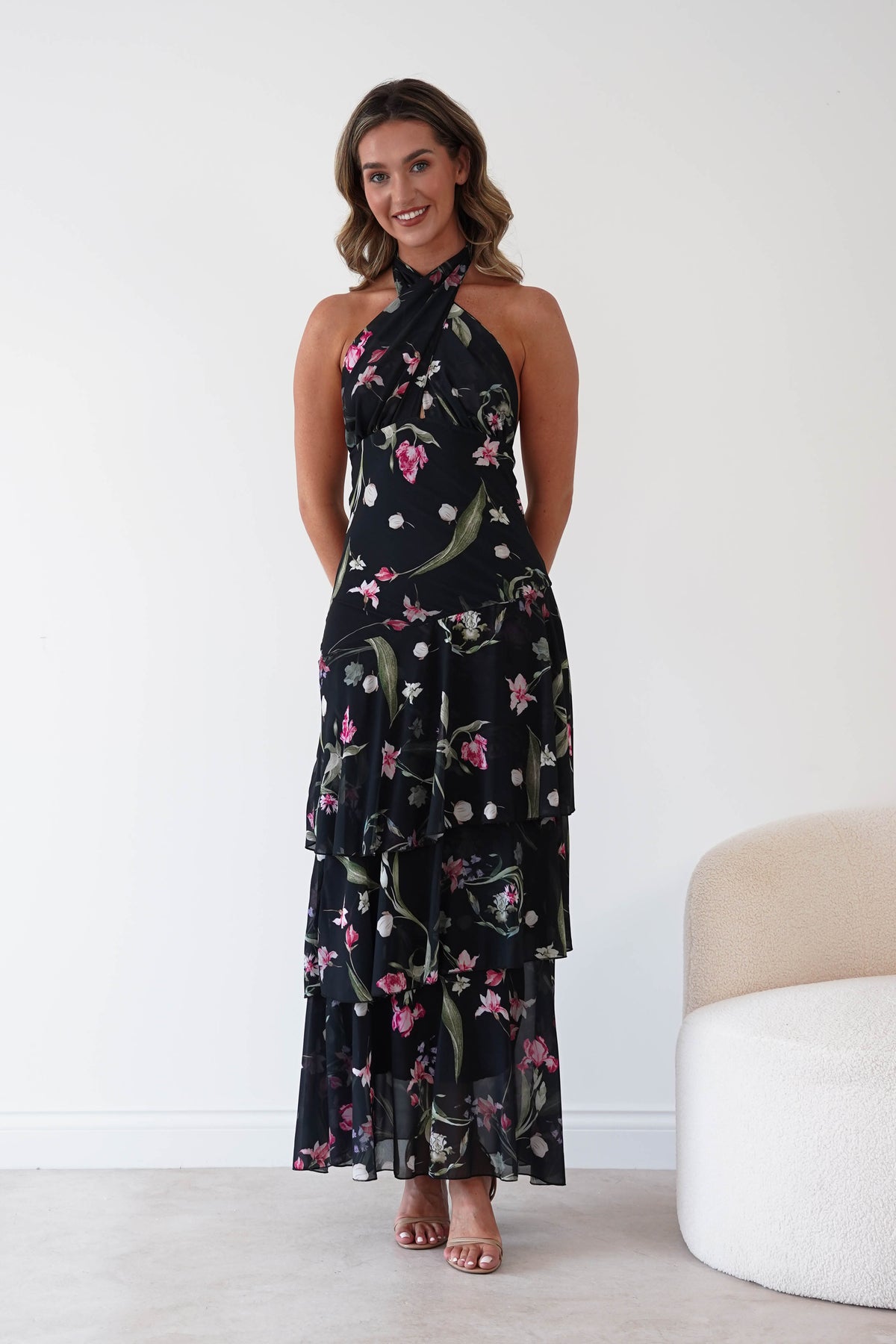 Seren Floral Print Halterneck Maxi Dress | Black-Oh Hello Clothing
