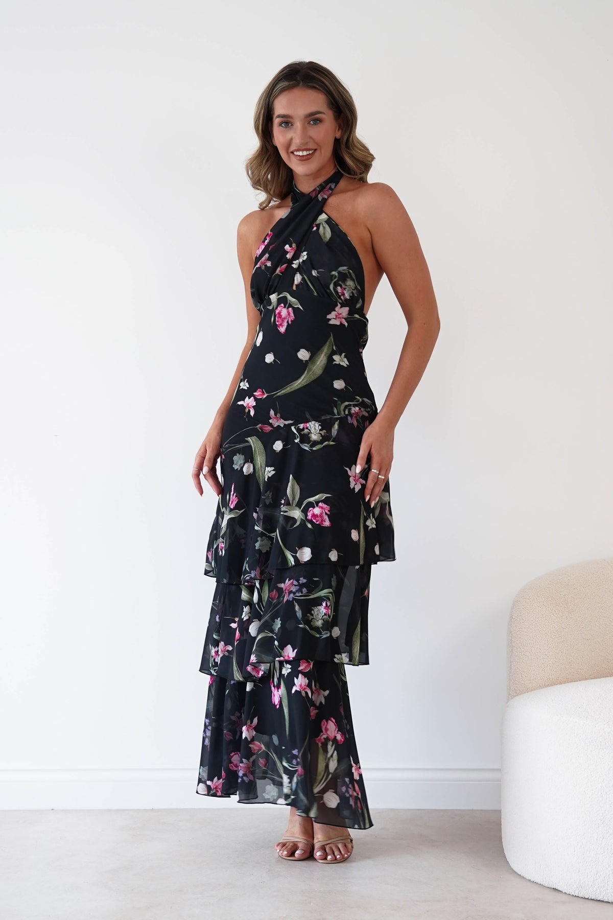 Seren Floral Print Halterneck Maxi Dress | Black-Oh Hello Clothing