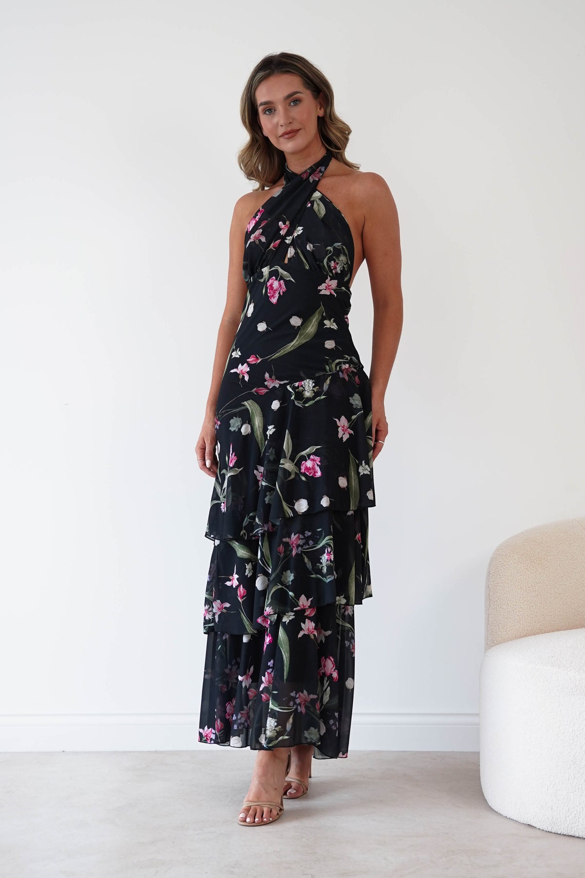 Seren Floral Print Halterneck Maxi Dress | Black-Oh Hello Clothing