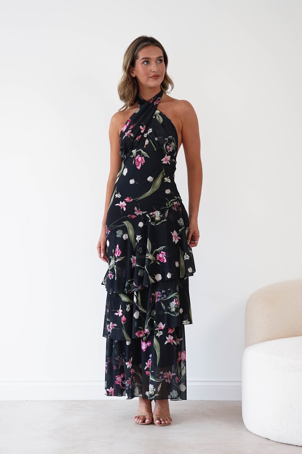 Seren Floral Print Halterneck Maxi Dress | Black-Oh Hello Clothing