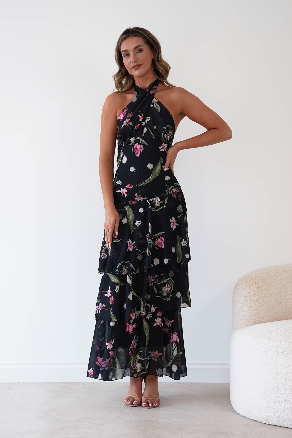 Seren Floral Print Halterneck Maxi Dress | Black-Oh Hello Clothing