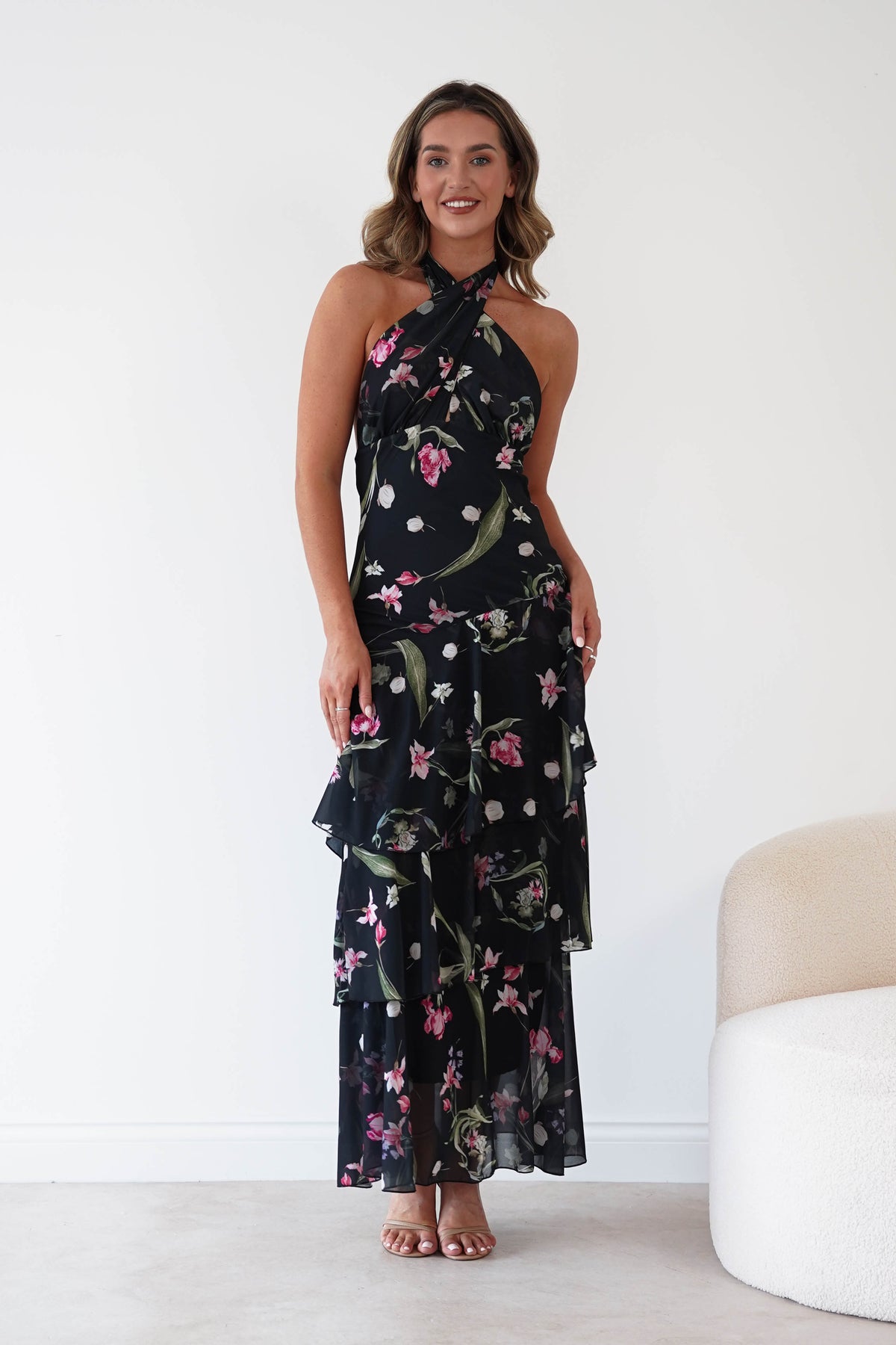 Seren Floral Print Halterneck Maxi Dress | Black-Oh Hello Clothing