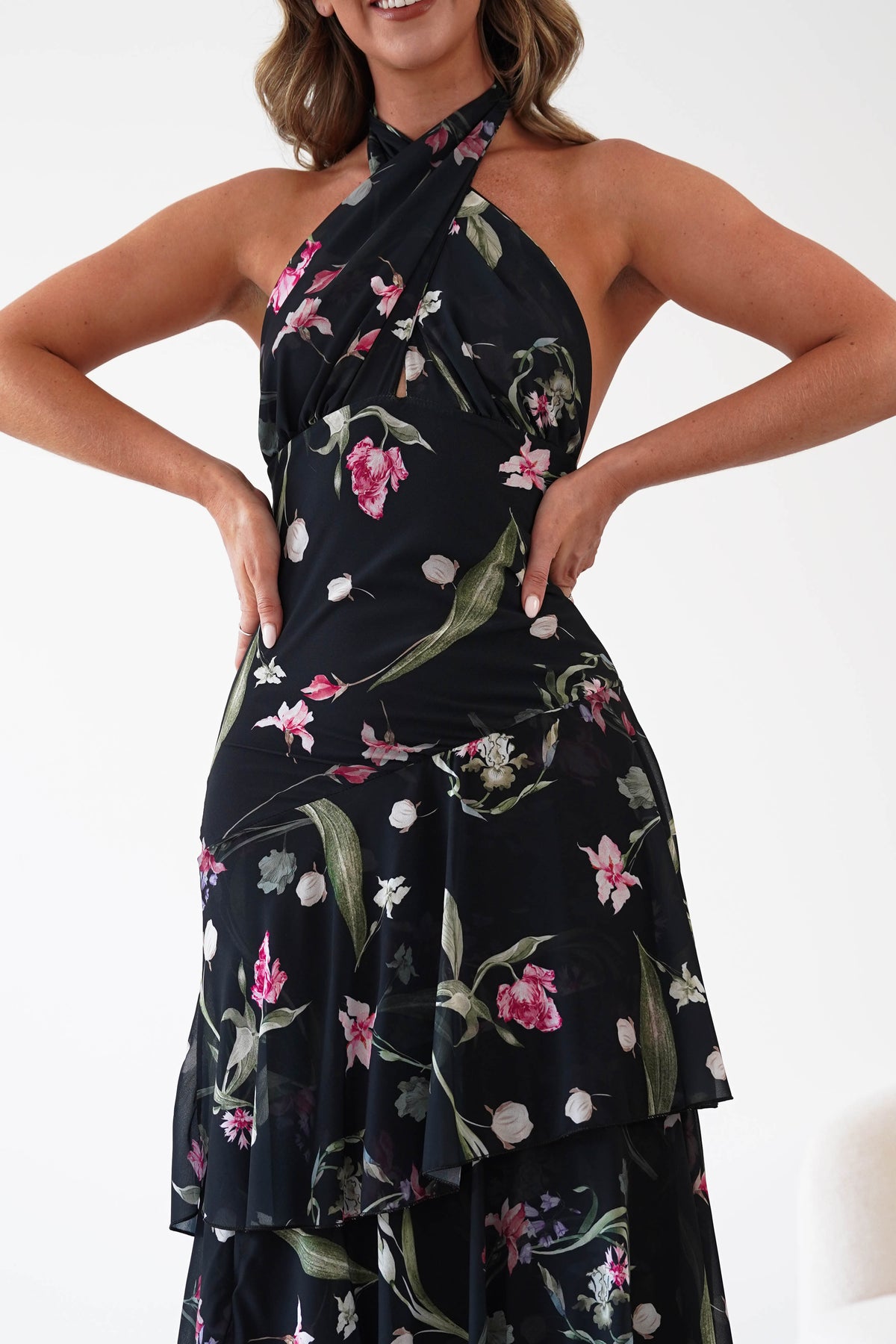 Seren Floral Print Halterneck Maxi Dress | Black-Oh Hello Clothing