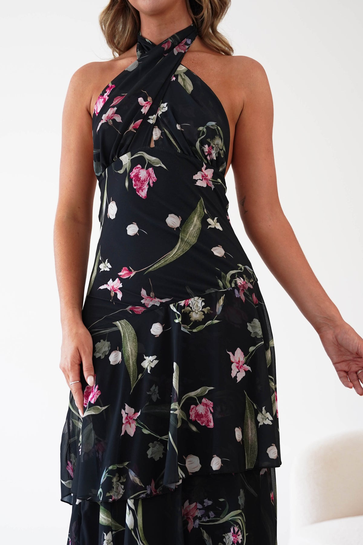 Seren Floral Print Halterneck Maxi Dress | Black-Oh Hello Clothing