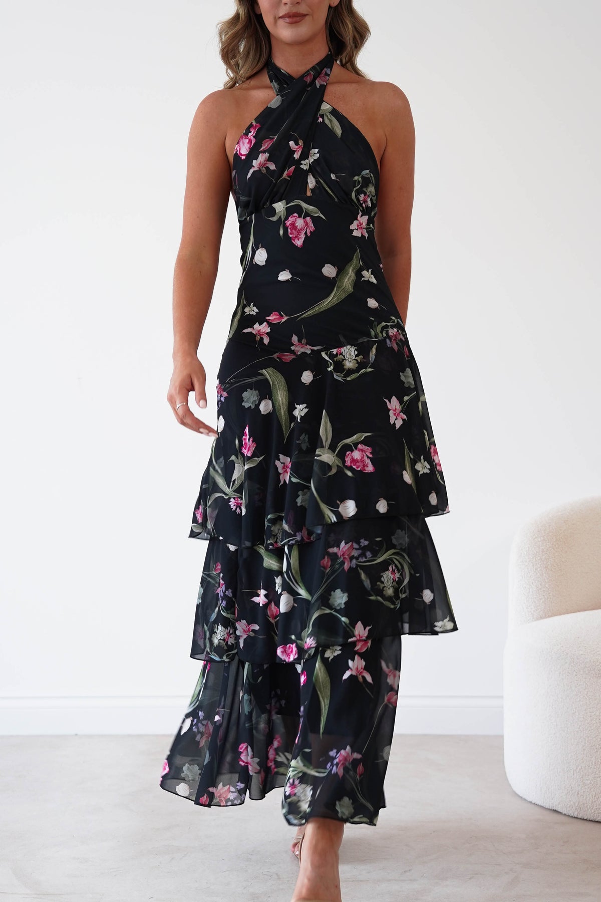 Seren Floral Print Halterneck Maxi Dress | Black-Oh Hello Clothing