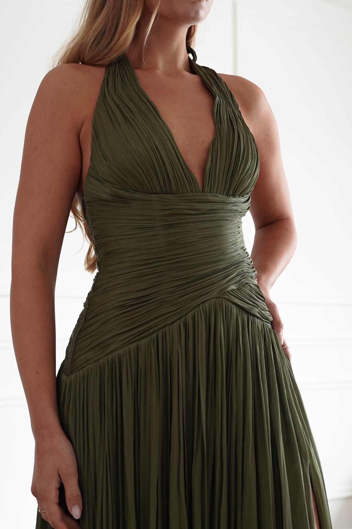 Oh Hello Clothing Dresses > Prom Dresses Sharelle Pleated Luminescent Maxi Gown | Olive