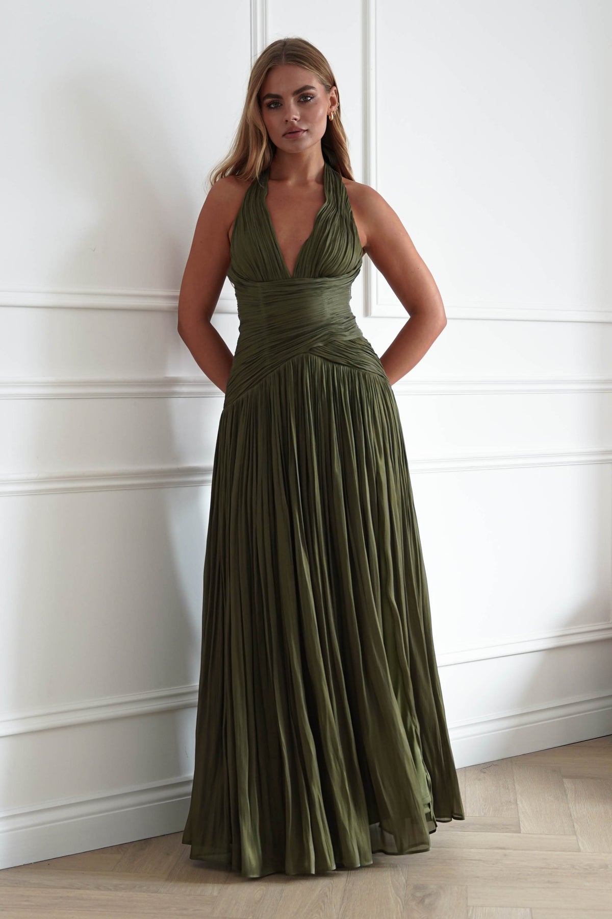 Oh Hello Clothing Dresses > Prom Dresses Sharelle Pleated Luminescent Maxi Gown | Olive
