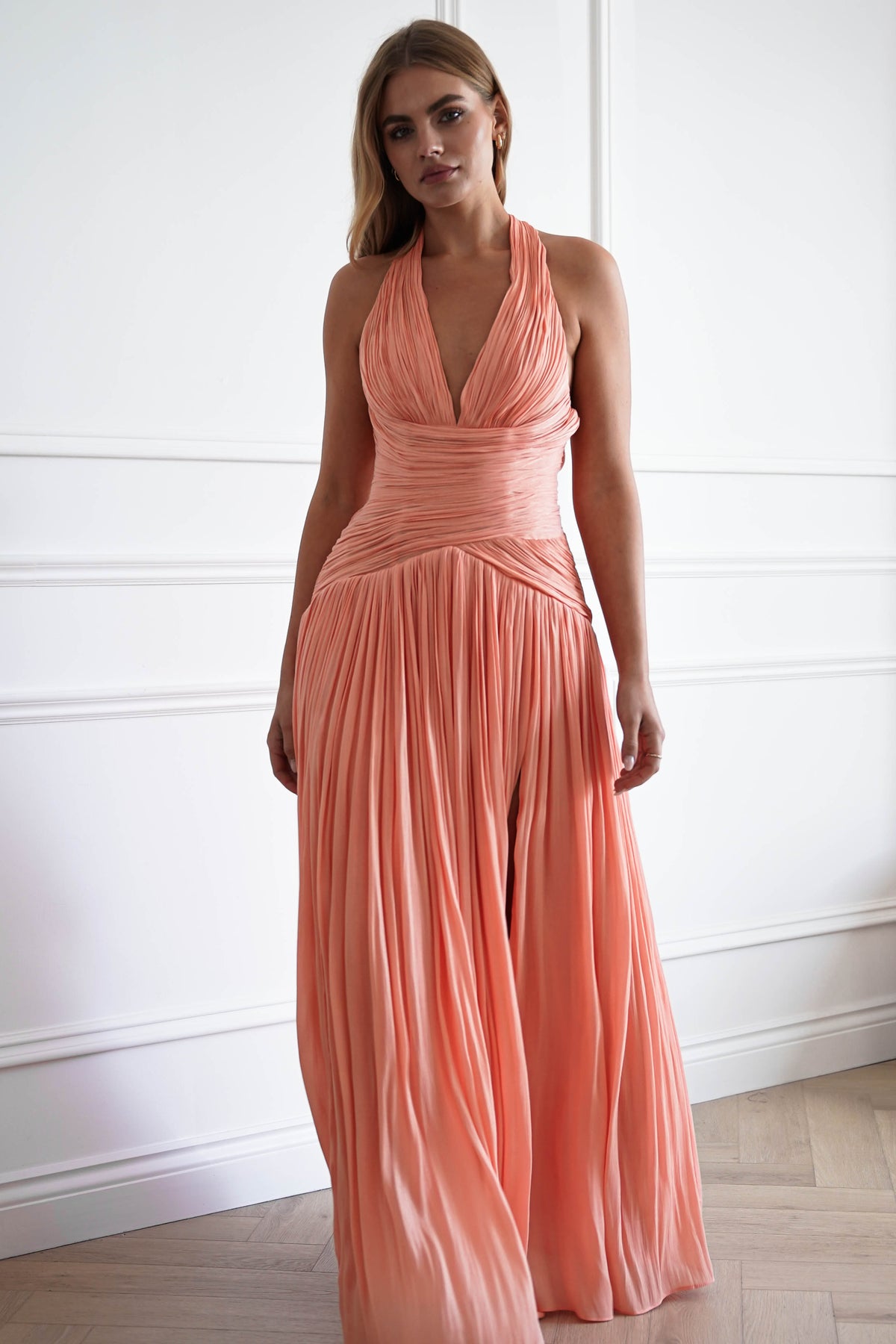 Oh Hello Clothing Dresses > Prom Dresses Sharelle Pleated Luminescent Maxi Gown | Peach