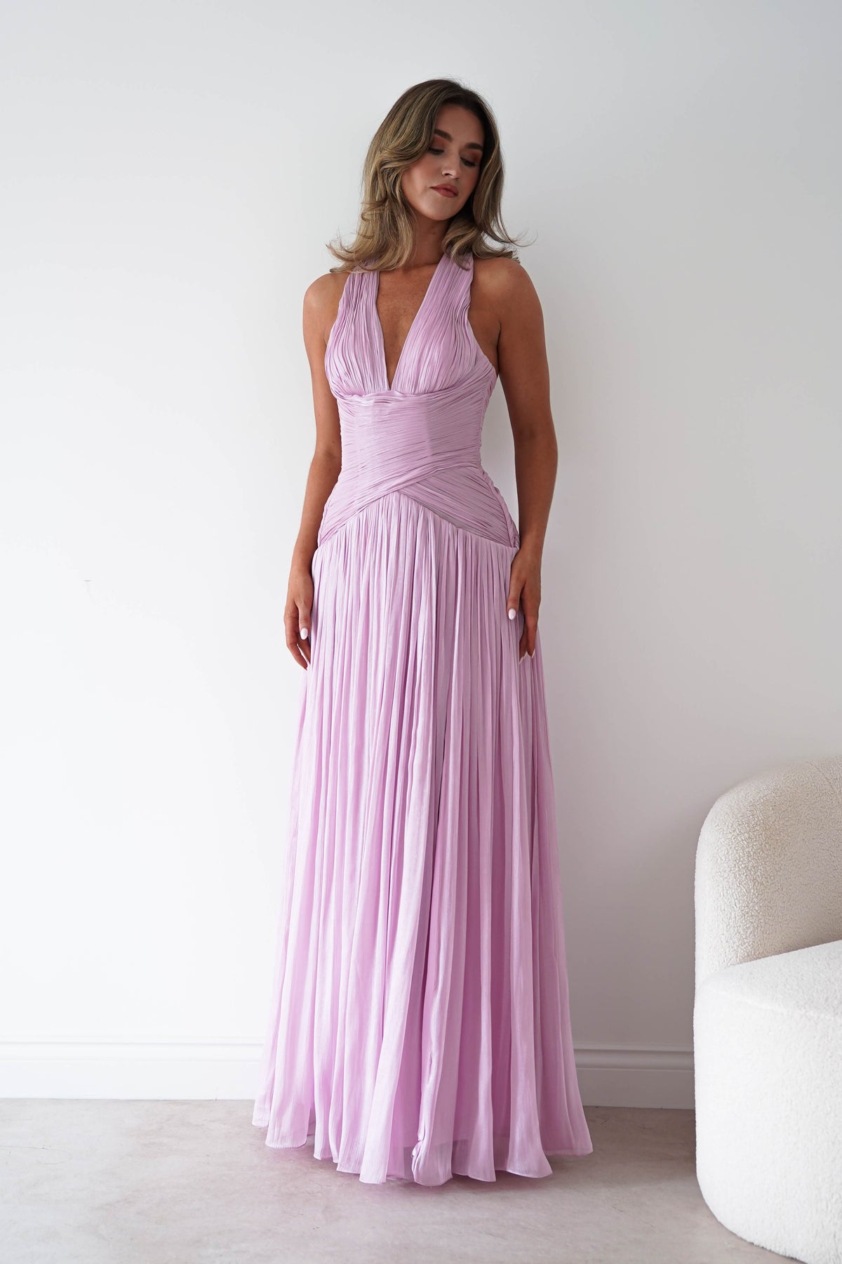 Sharelle Pleated Luminescent Maxi Gown | Pink-Oh Hello Clothing