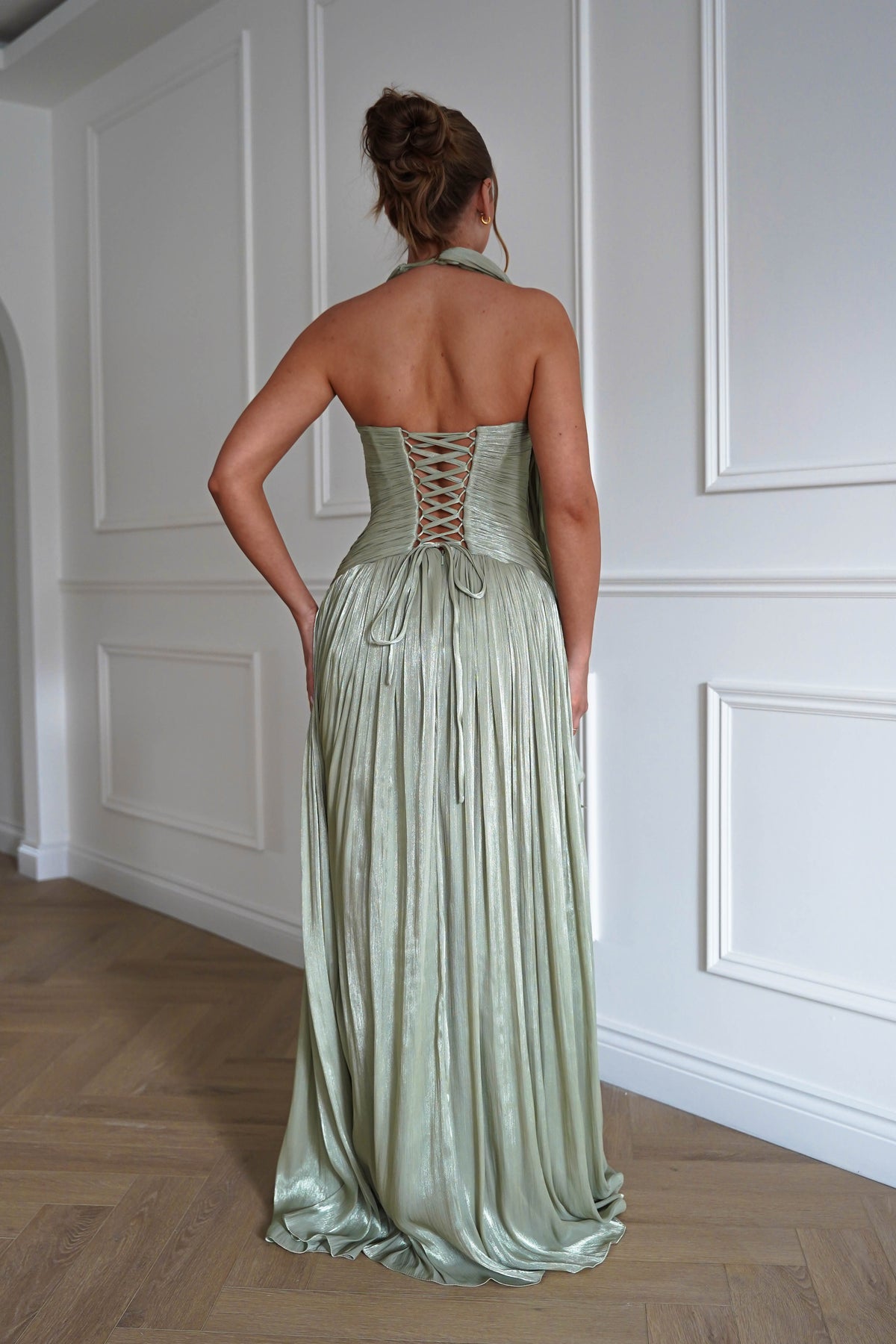 Sharelle Pleated Luminescent Maxi Gown | Sage-Oh Hello Clothing