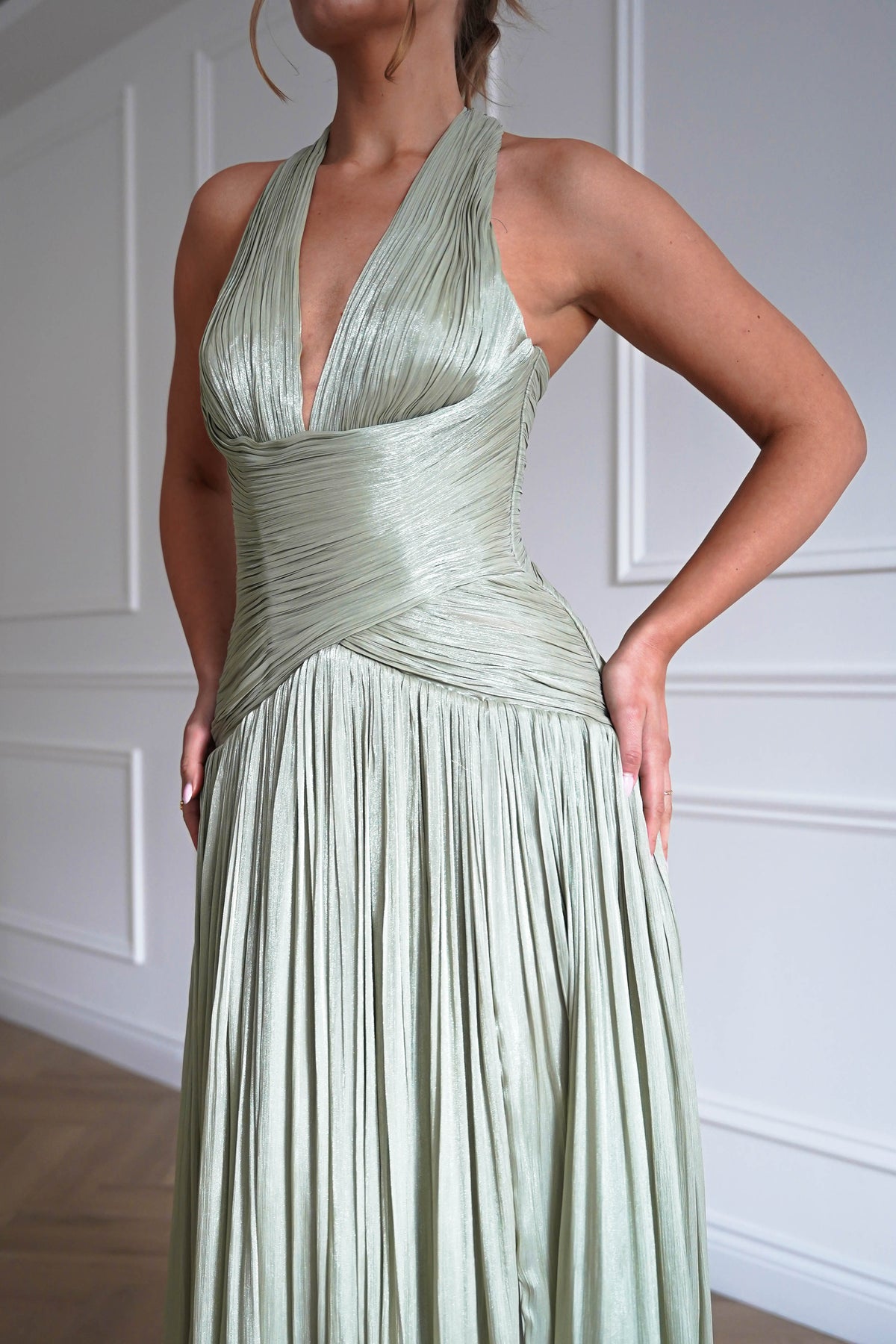 Sharelle Pleated Luminescent Maxi Gown | Sage-Oh Hello Clothing
