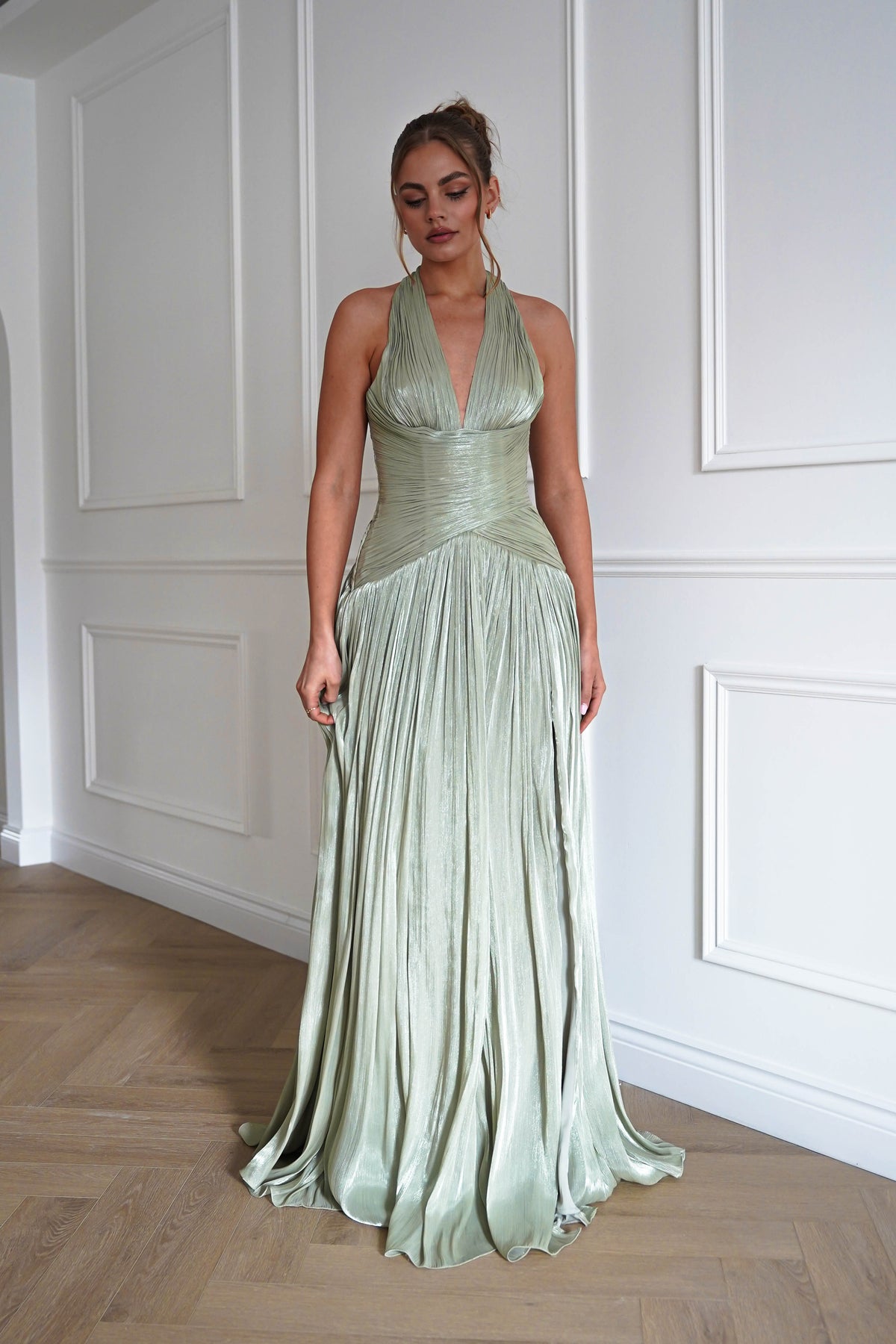 Sharelle Pleated Luminescent Maxi Gown | Sage-Oh Hello Clothing