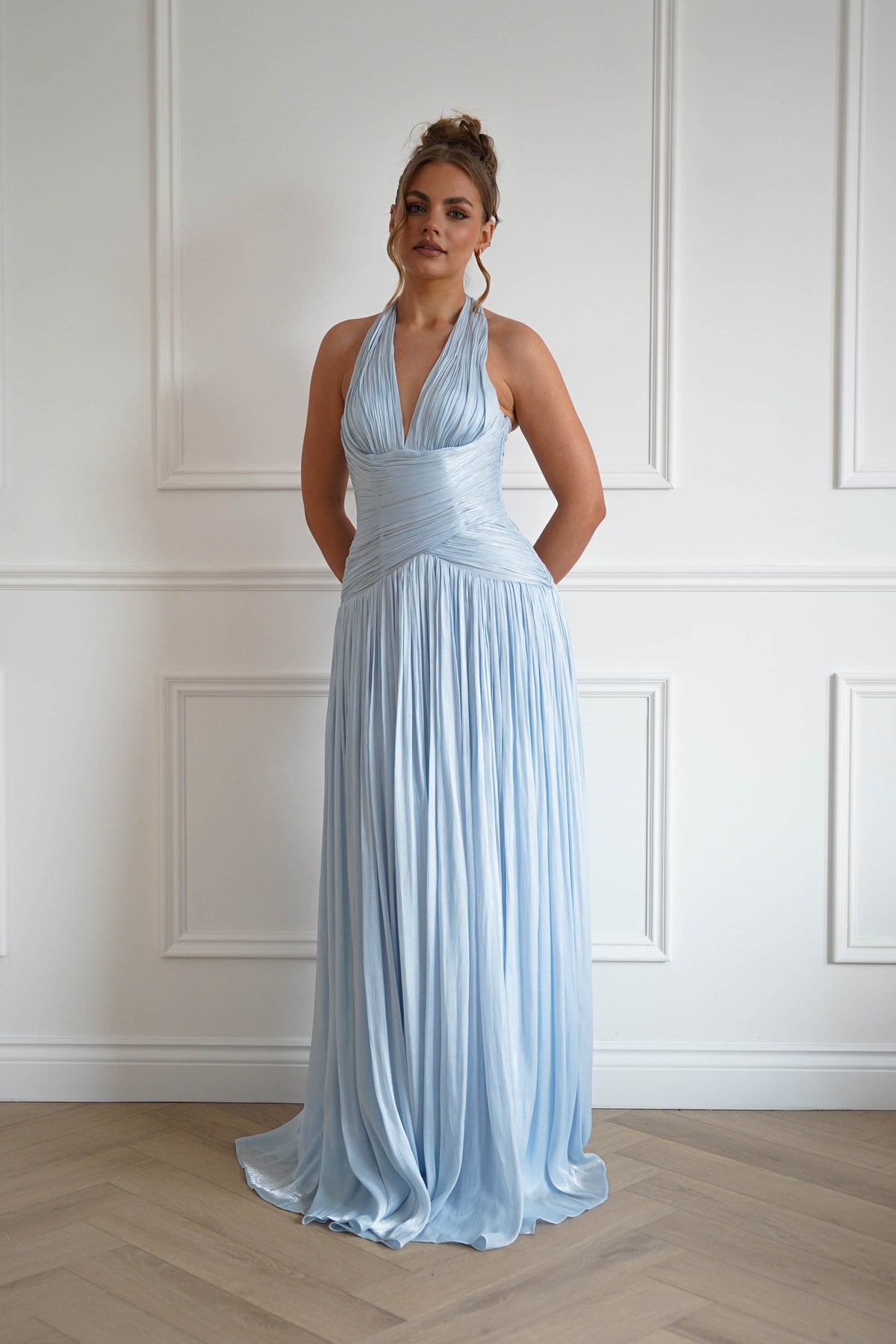 Sharelle Pleated Luminescent Maxi Gown | Sky Blue-Oh Hello Clothing