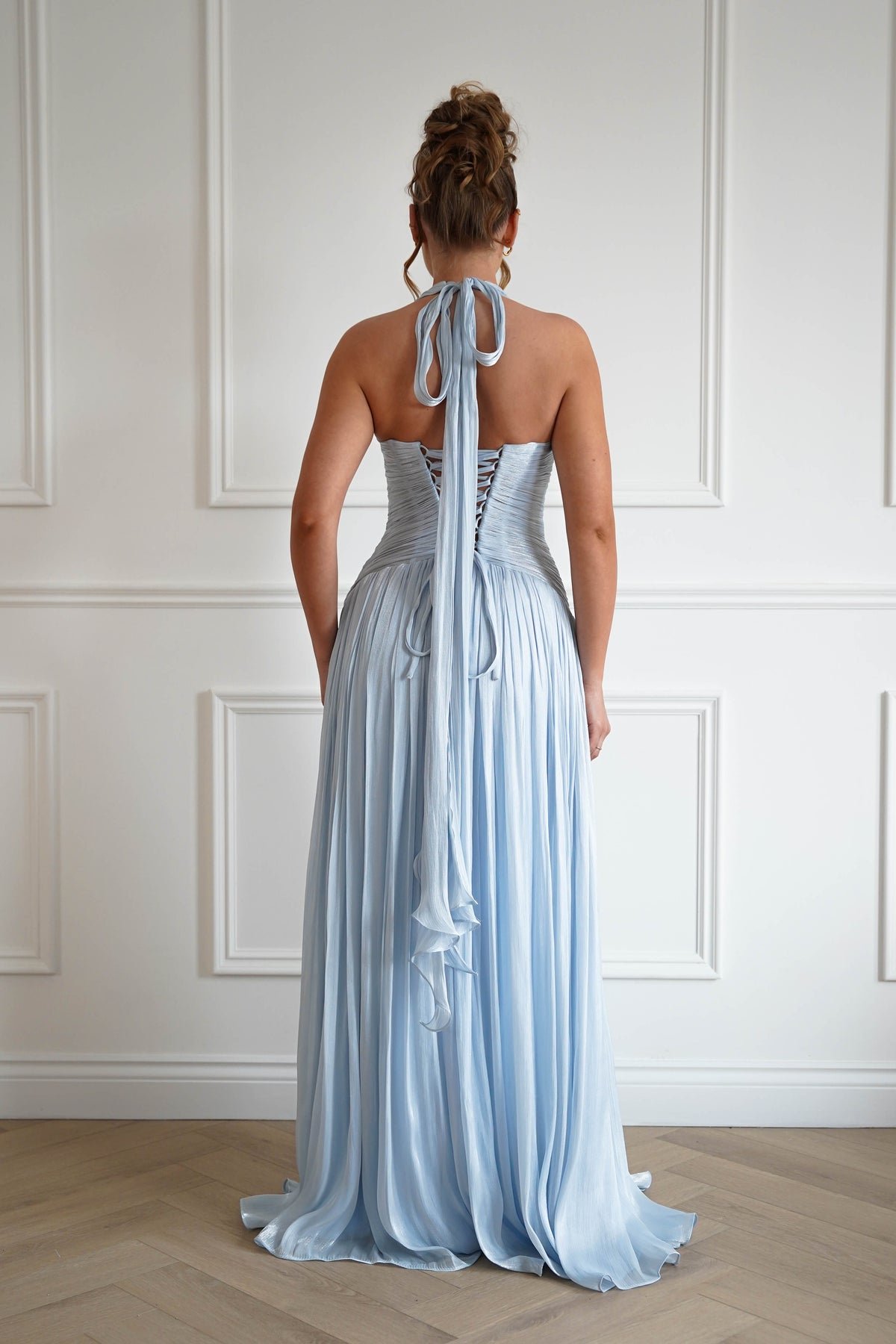 Sharelle Pleated Luminescent Maxi Gown | Sky Blue-Oh Hello Clothing