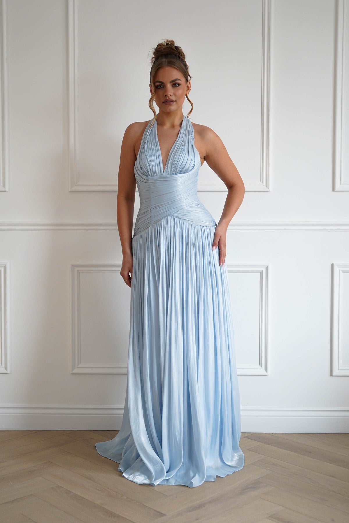 Sharelle Pleated Luminescent Maxi Gown | Sky Blue-Oh Hello Clothing