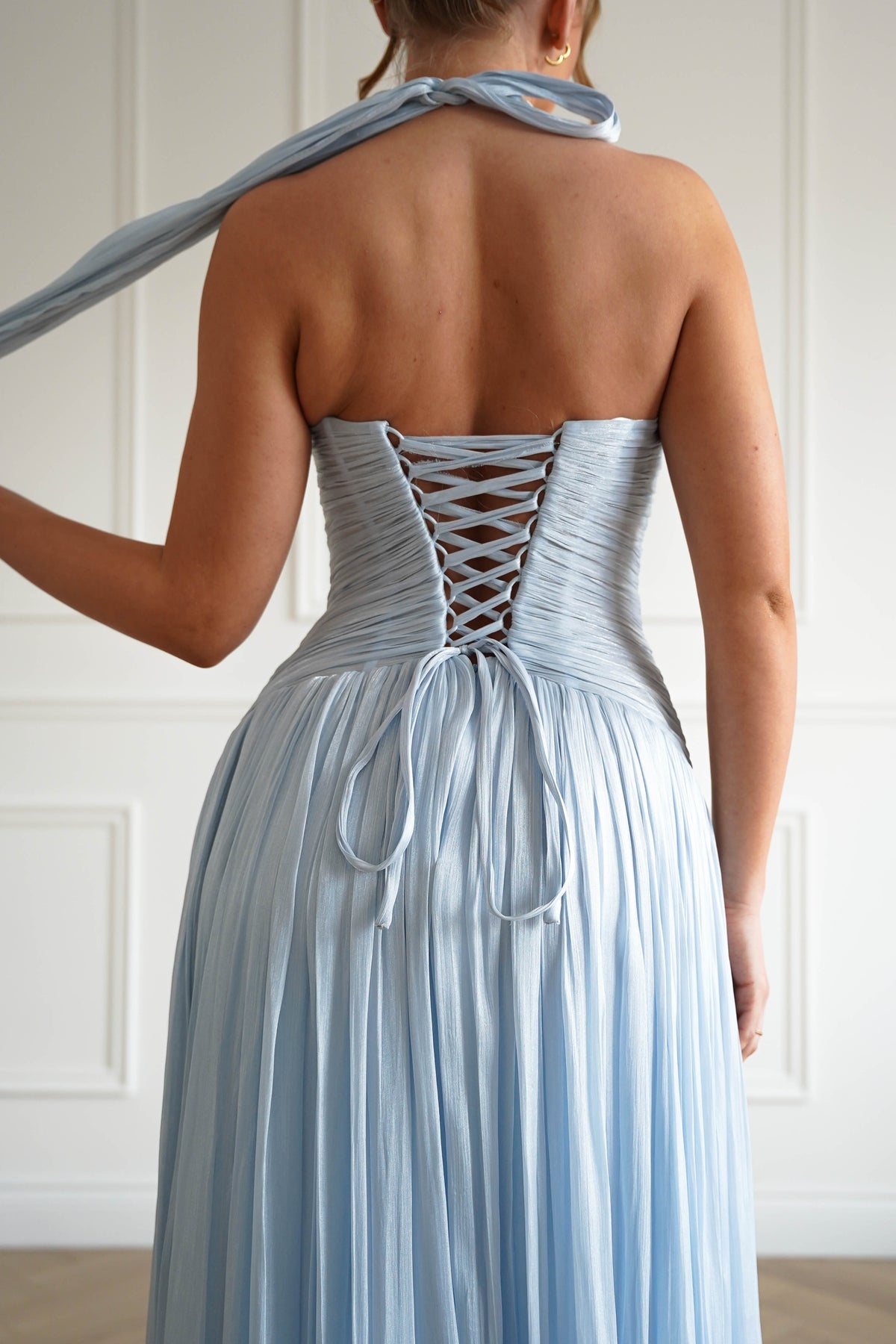 Sharelle Pleated Luminescent Maxi Gown | Sky Blue-Oh Hello Clothing