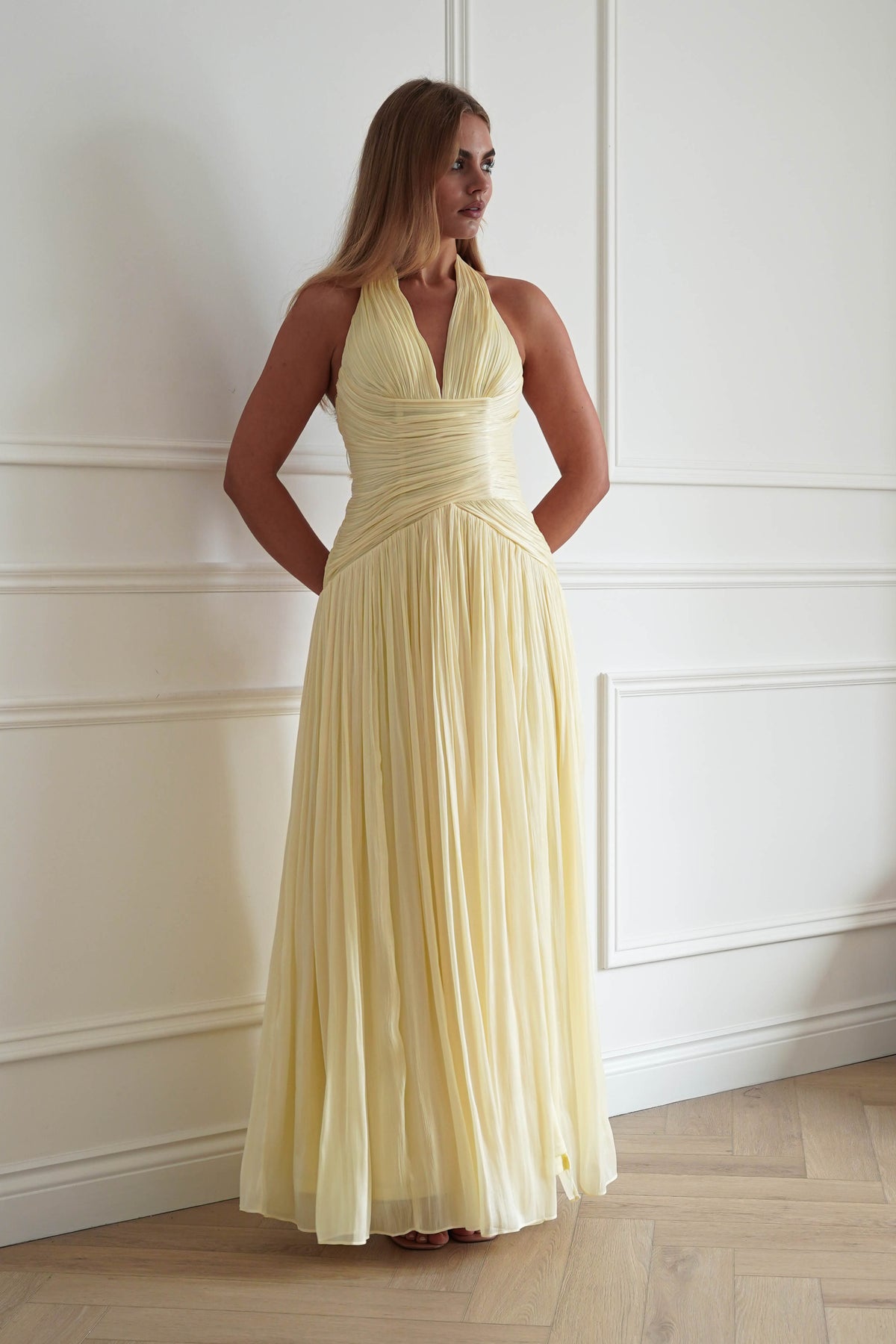 Oh Hello Clothing Dresses > Prom Dresses Sharelle Pleated Luminescent Maxi Gown | Yellow