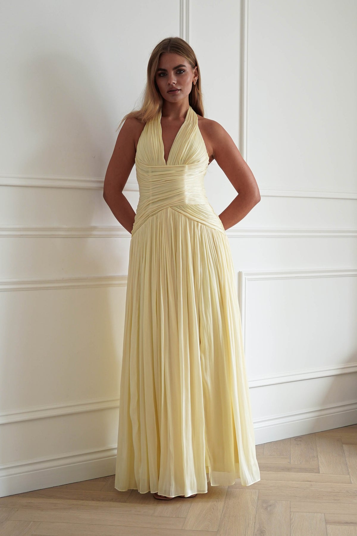 Oh Hello Clothing Dresses > Prom Dresses Sharelle Pleated Luminescent Maxi Gown | Yellow