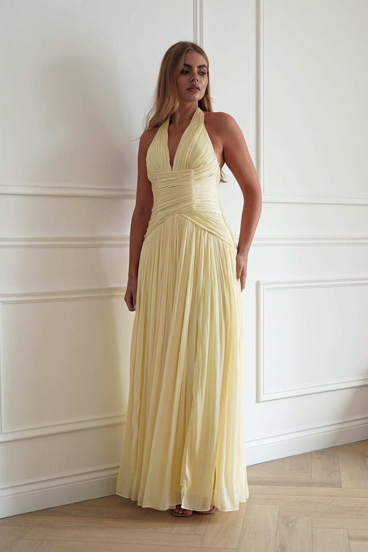 Oh Hello Clothing Dresses > Prom Dresses Sharelle Pleated Luminescent Maxi Gown | Yellow