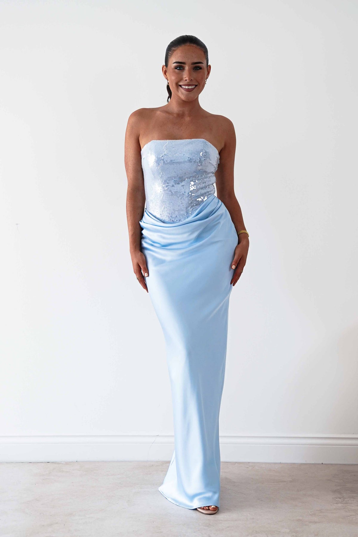 Sienne Strapless Sequin Satin Maxi Dress | Blue-Oh Hello Clothing