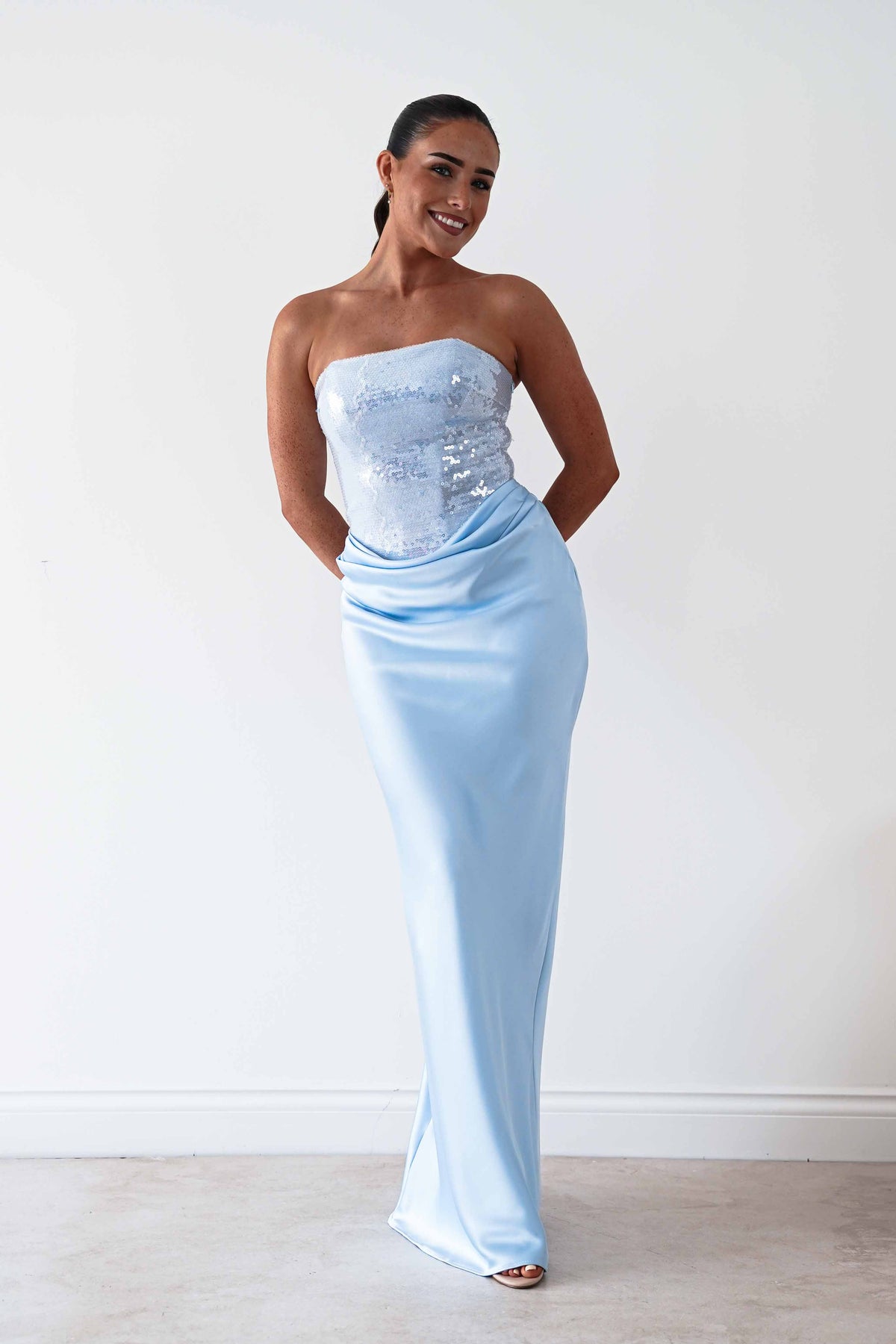 Sienne Strapless Sequin Satin Maxi Dress | Blue-Oh Hello Clothing