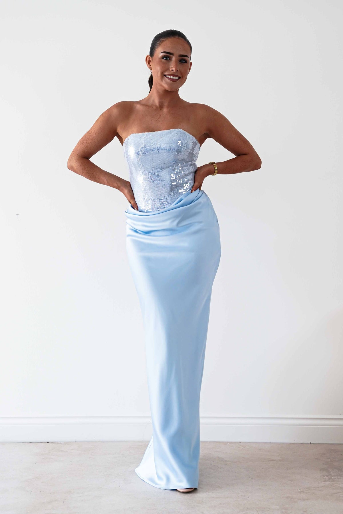Sienne Strapless Sequin Satin Maxi Dress | Blue-Oh Hello Clothing