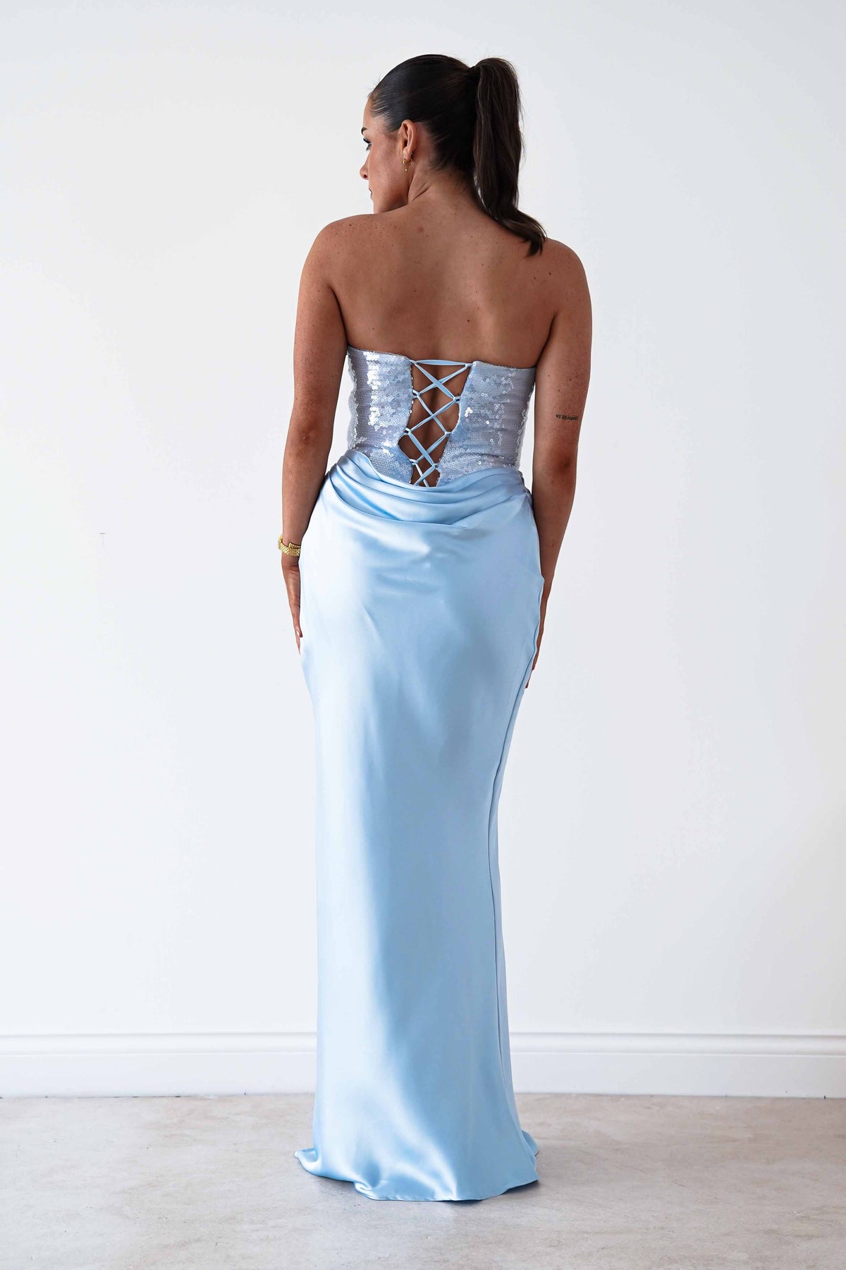 Sienne Strapless Sequin Satin Maxi Dress | Blue-Oh Hello Clothing