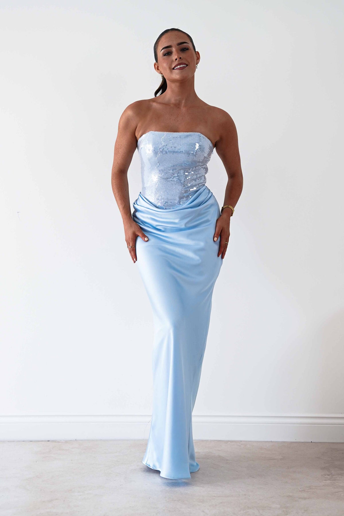 Sienne Strapless Sequin Satin Maxi Dress | Blue-Oh Hello Clothing