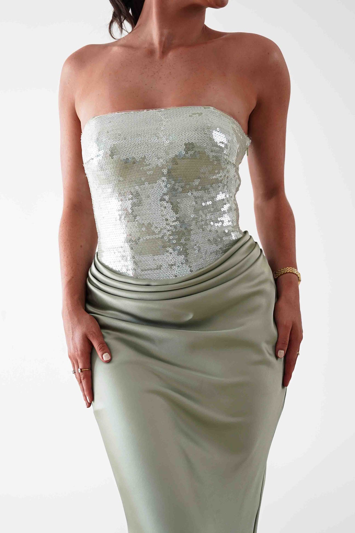 Sienne Strapless Sequin Satin Maxi Dress | Sage-Oh Hello Clothing