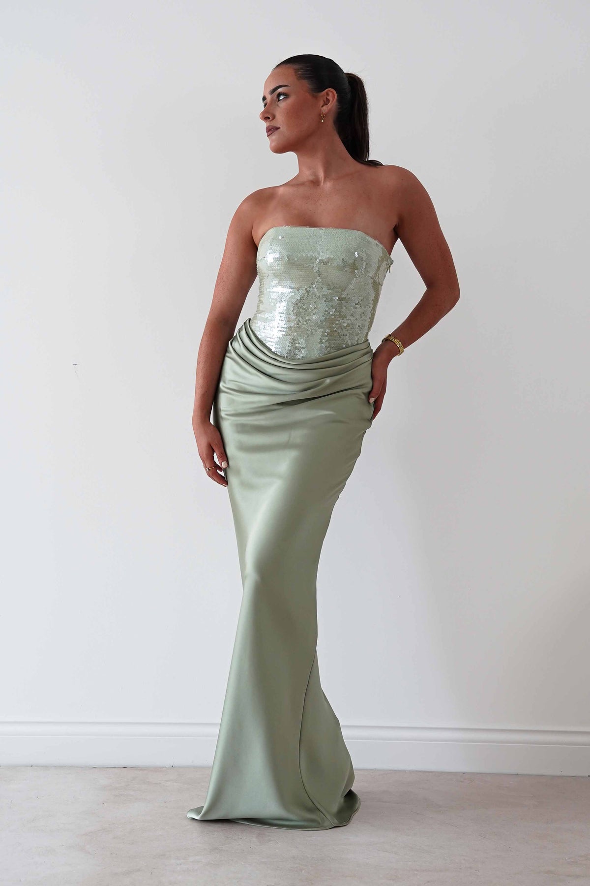 Sienne Strapless Sequin Satin Maxi Dress | Sage-Oh Hello Clothing