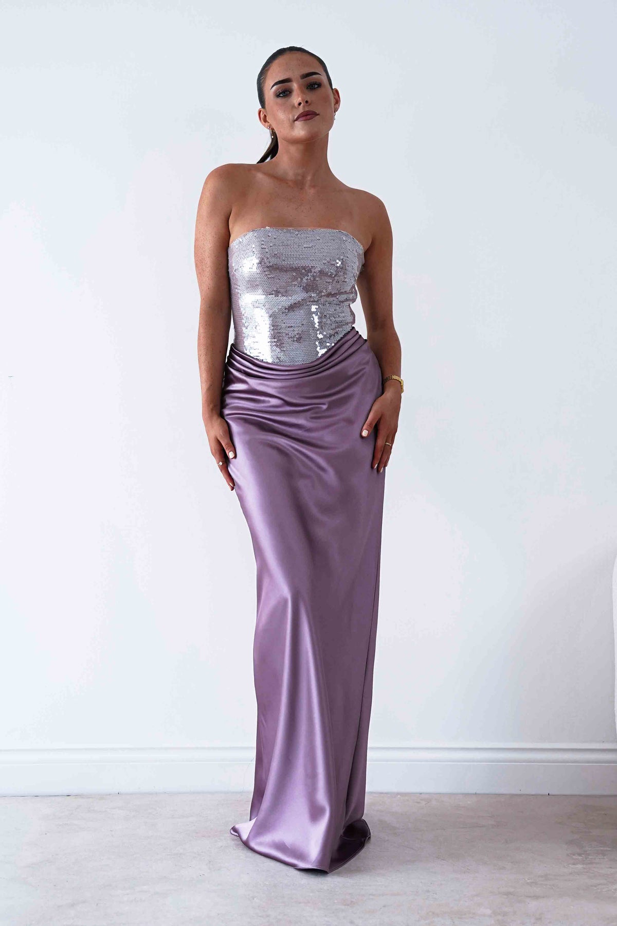 Sienne Strapless Sequin Satin Maxi Dress | Taupe-Oh Hello Clothing