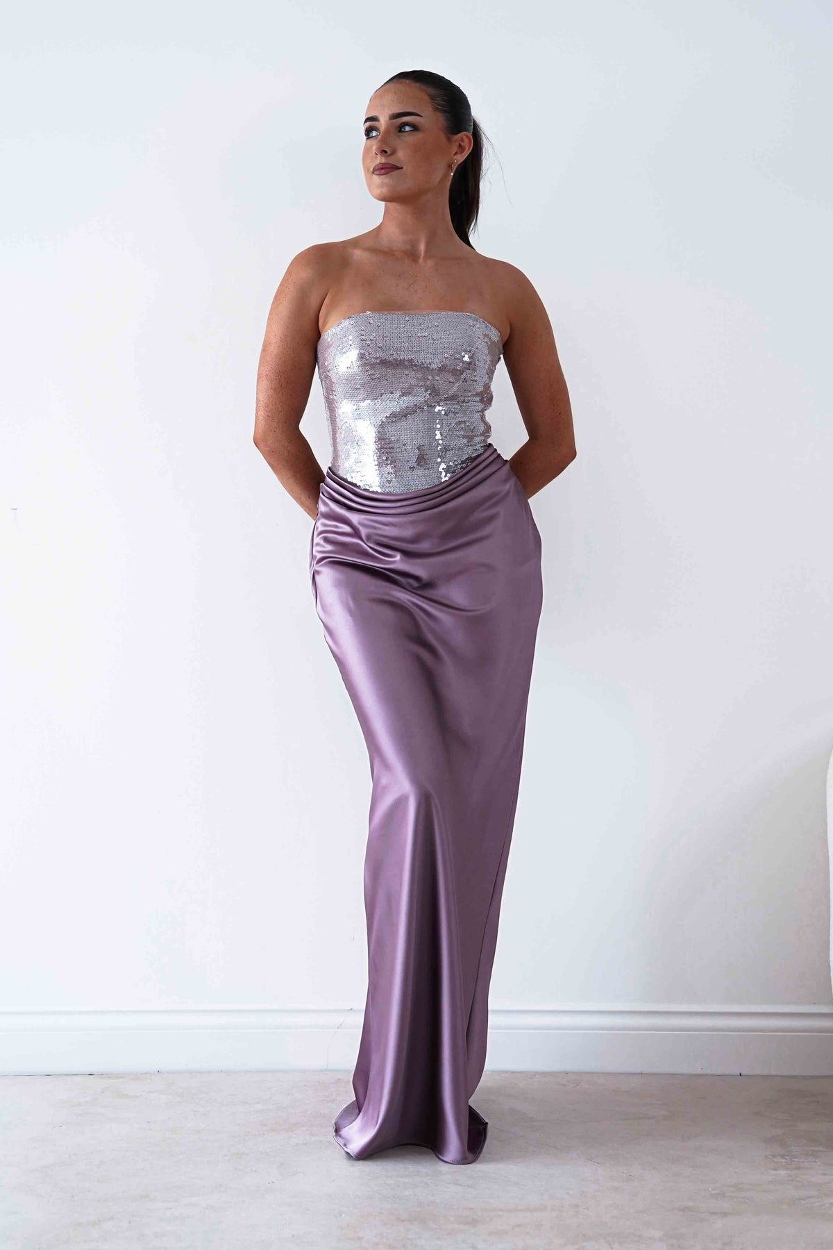 Sienne Strapless Sequin Satin Maxi Dress | Taupe-Oh Hello Clothing