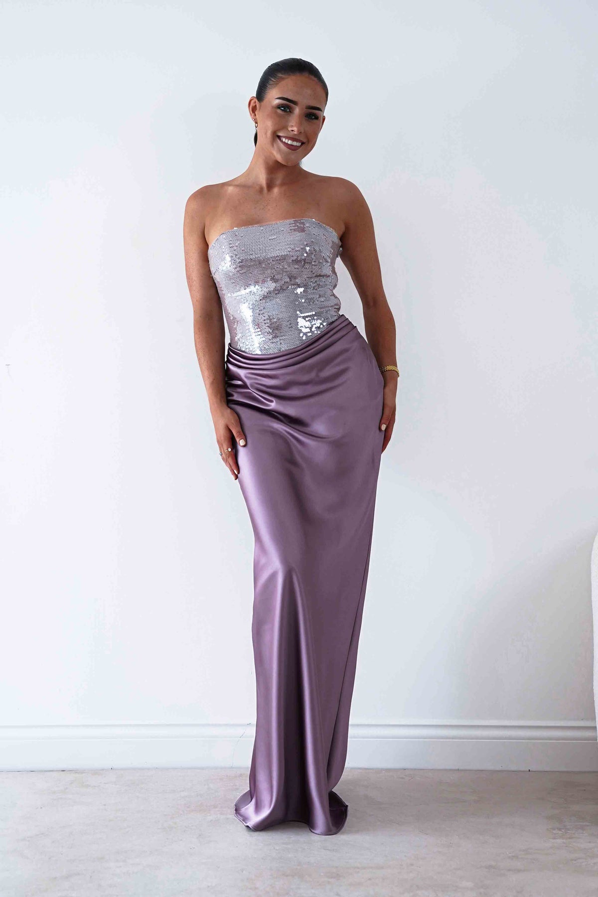 Sienne Strapless Sequin Satin Maxi Dress | Taupe-Oh Hello Clothing
