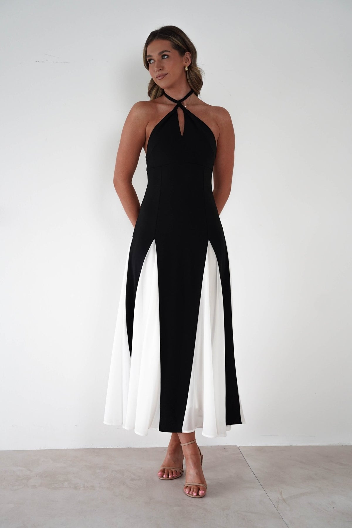 Silvana Halterneck Panel Maxi Dress | Black/White-Oh Hello Clothing