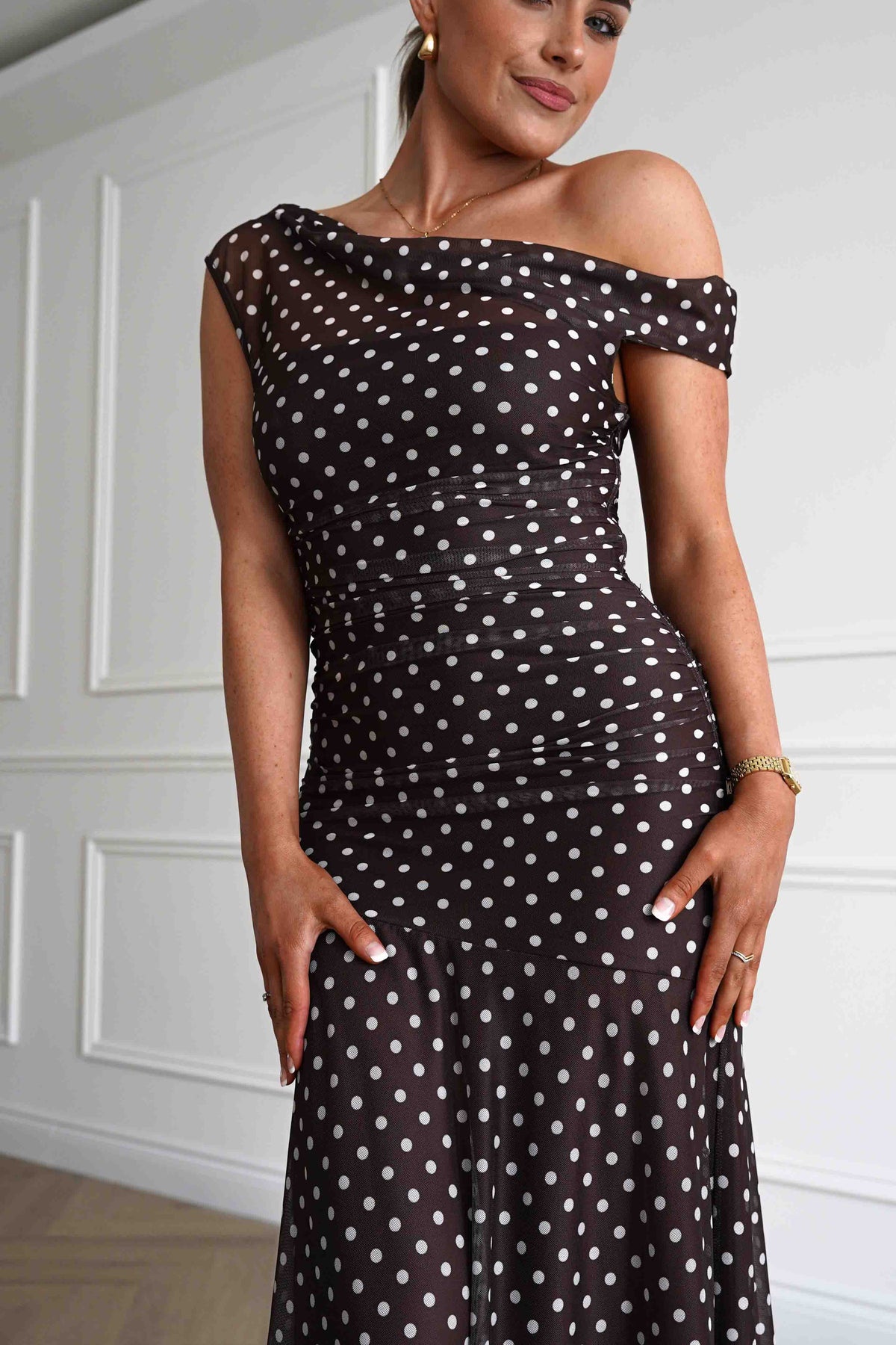 Simone Mesh Polka Dot Maxi Dress | Brown-Oh Hello Clothing