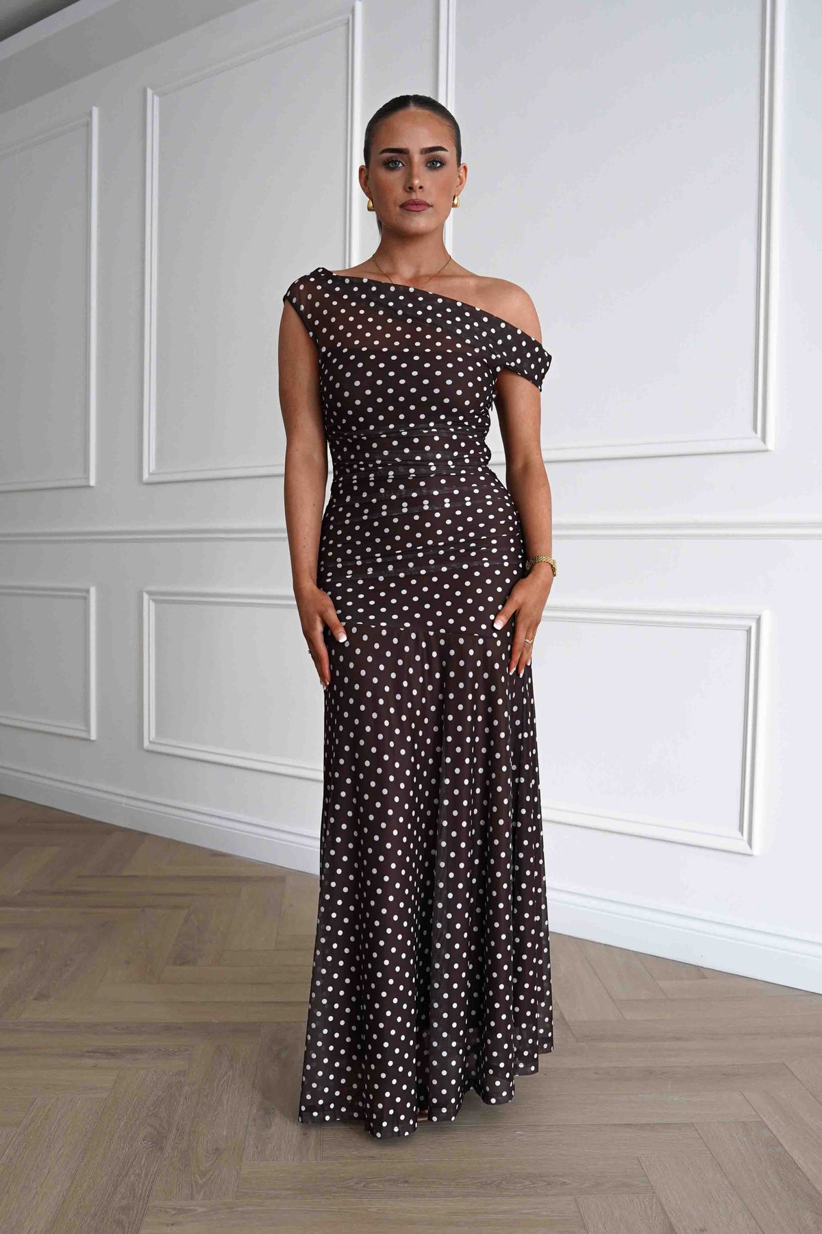 Simone Mesh Polka Dot Maxi Dress | Brown-Oh Hello Clothing